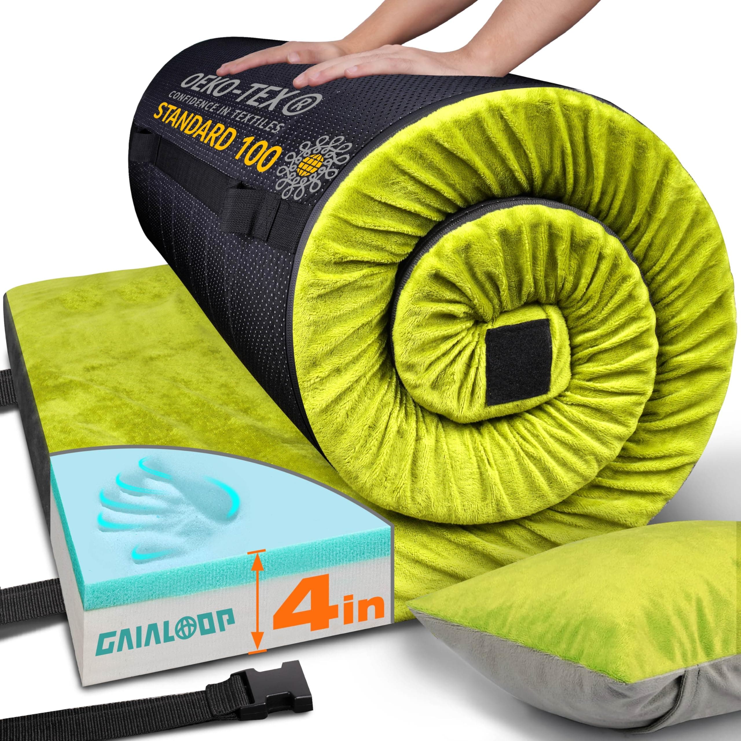 Extra Thick GAIALOOP 4 INCH Memory Foam Camping Mattress, Roll Up Floor Sleeping Mat Camp Cot Mattress Pad Travel Camping Couch Bed for Guest Adults Side Sleepers