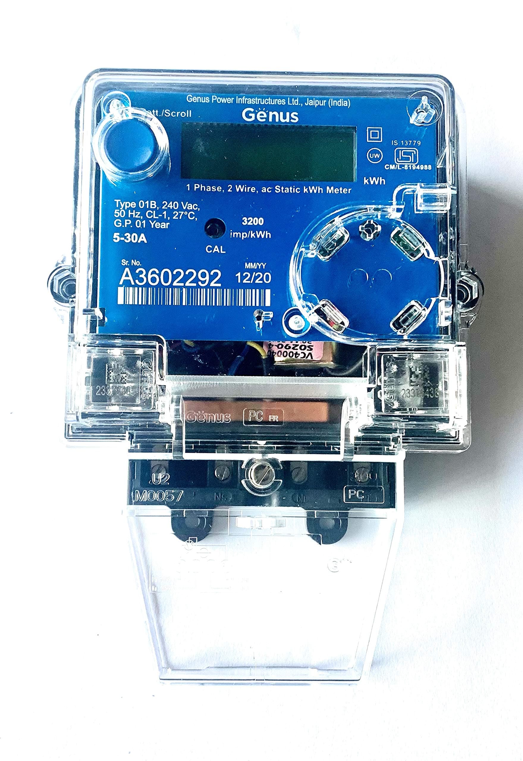 Genus 1-Phase Electric Energy LCD Sub Meter (2 Wire, 240V, 50Hz, 3200 imp/kWh Class-1.0, ISI Mark) - 5-30