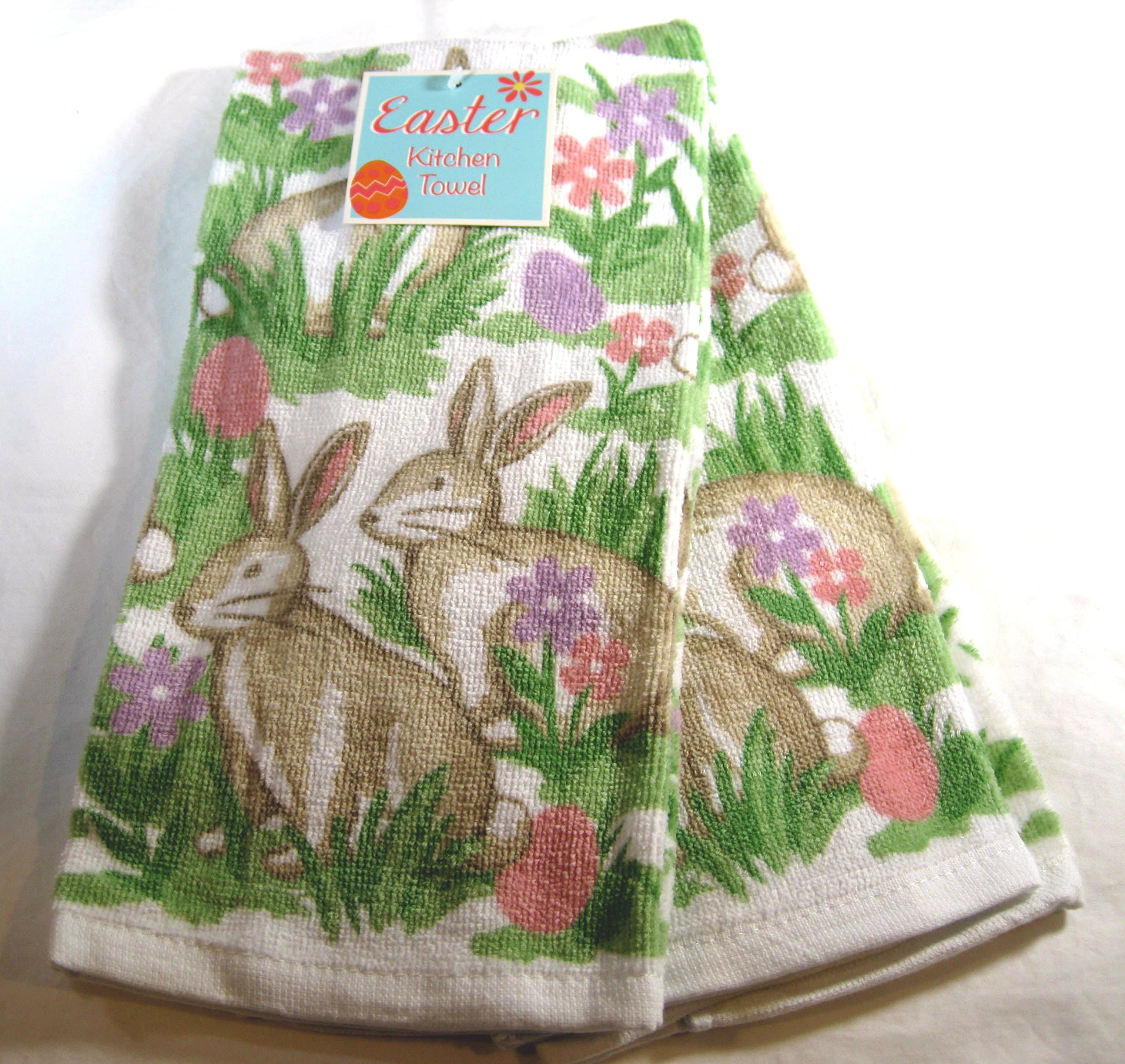 Set of 2 Easter Kitchen Towels- Easter Bunnies and Spring Flowers - 100% Cotton-