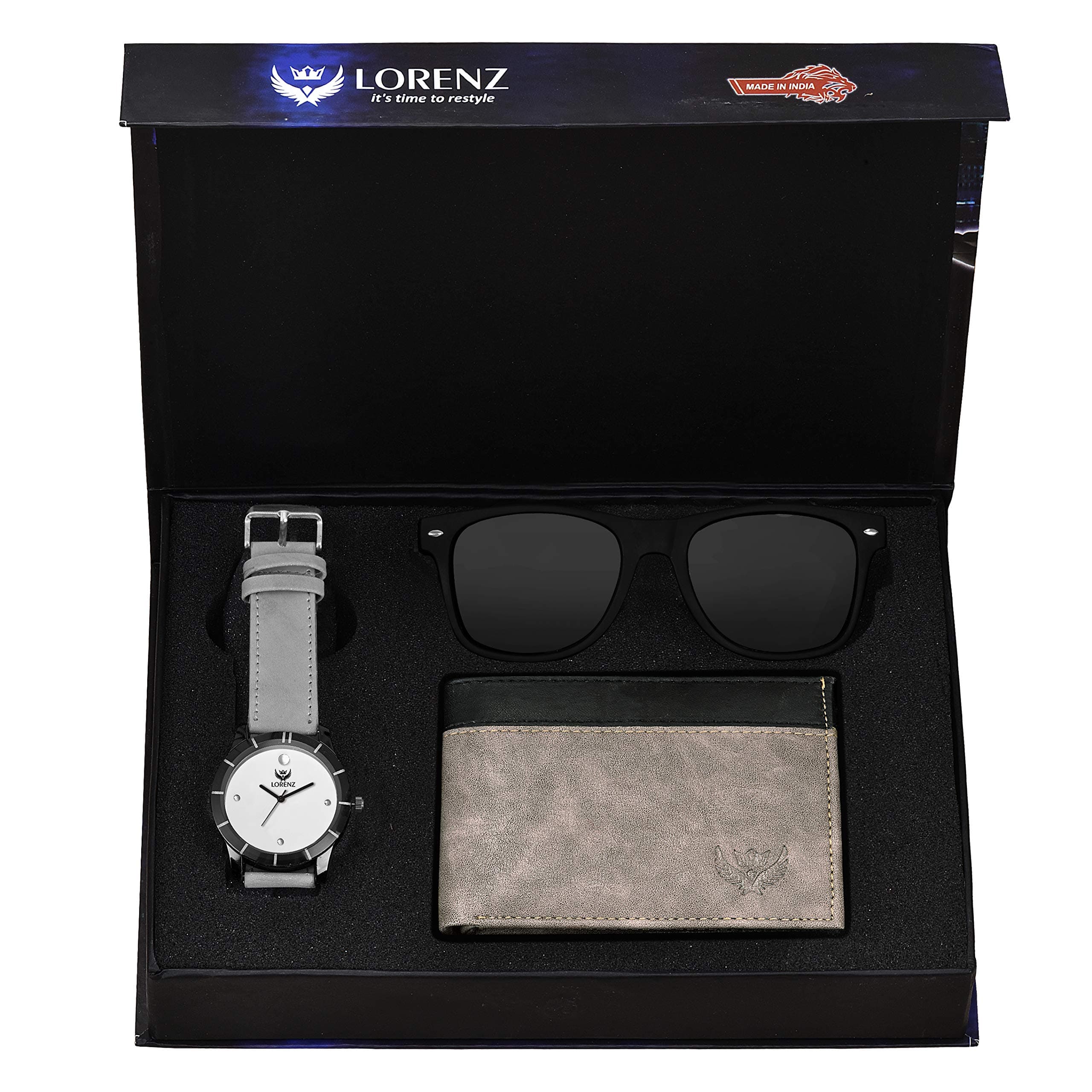 Analog Men Gift Box Combo Set of Grey Dial Watch, Wallet & Black Sunglasses