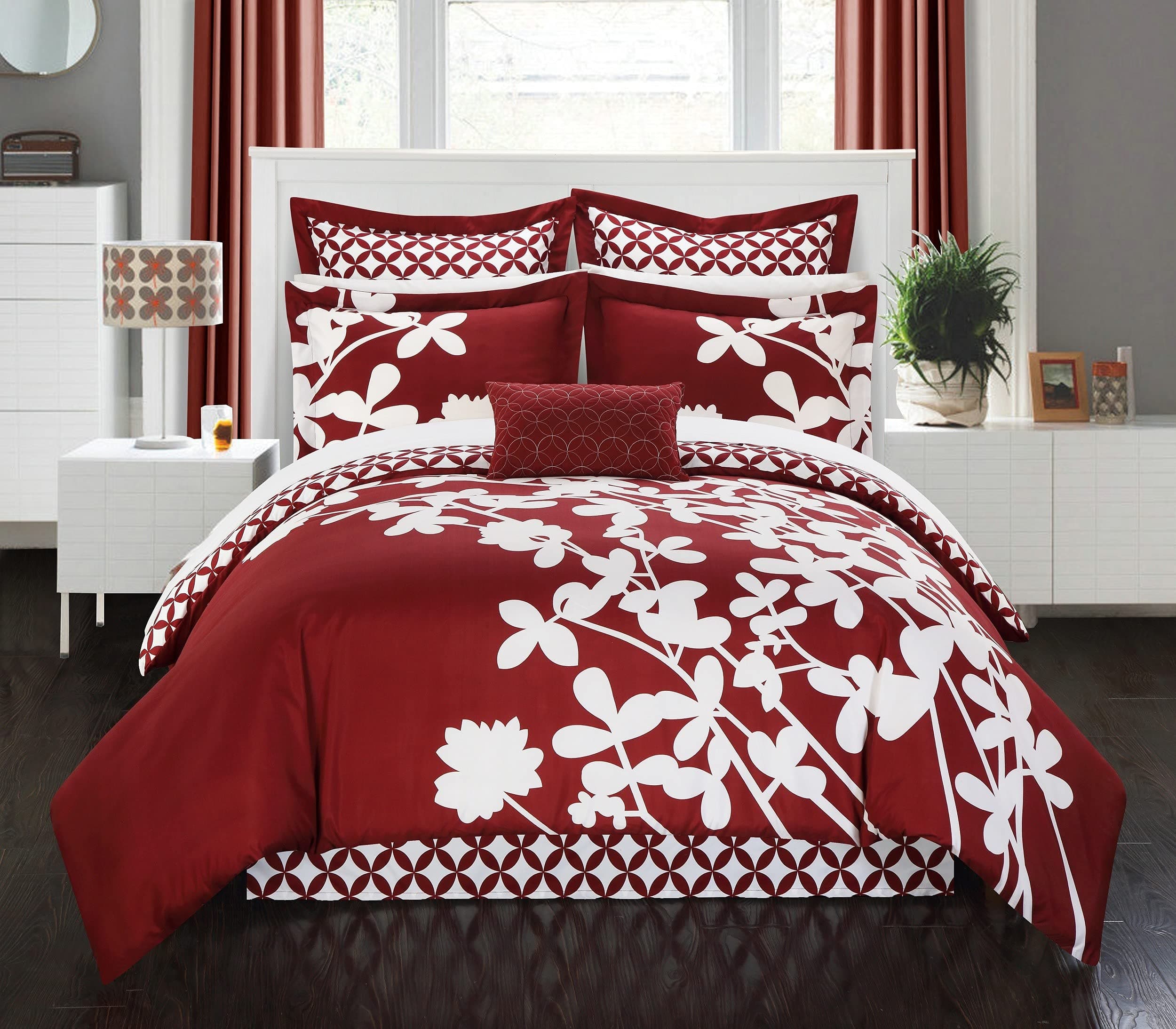 Chic Home 7 Piece Iris Reversible Large Scale Floral Design Printed with Diamond Pattern Reverse Comforter Set, Queen, Red