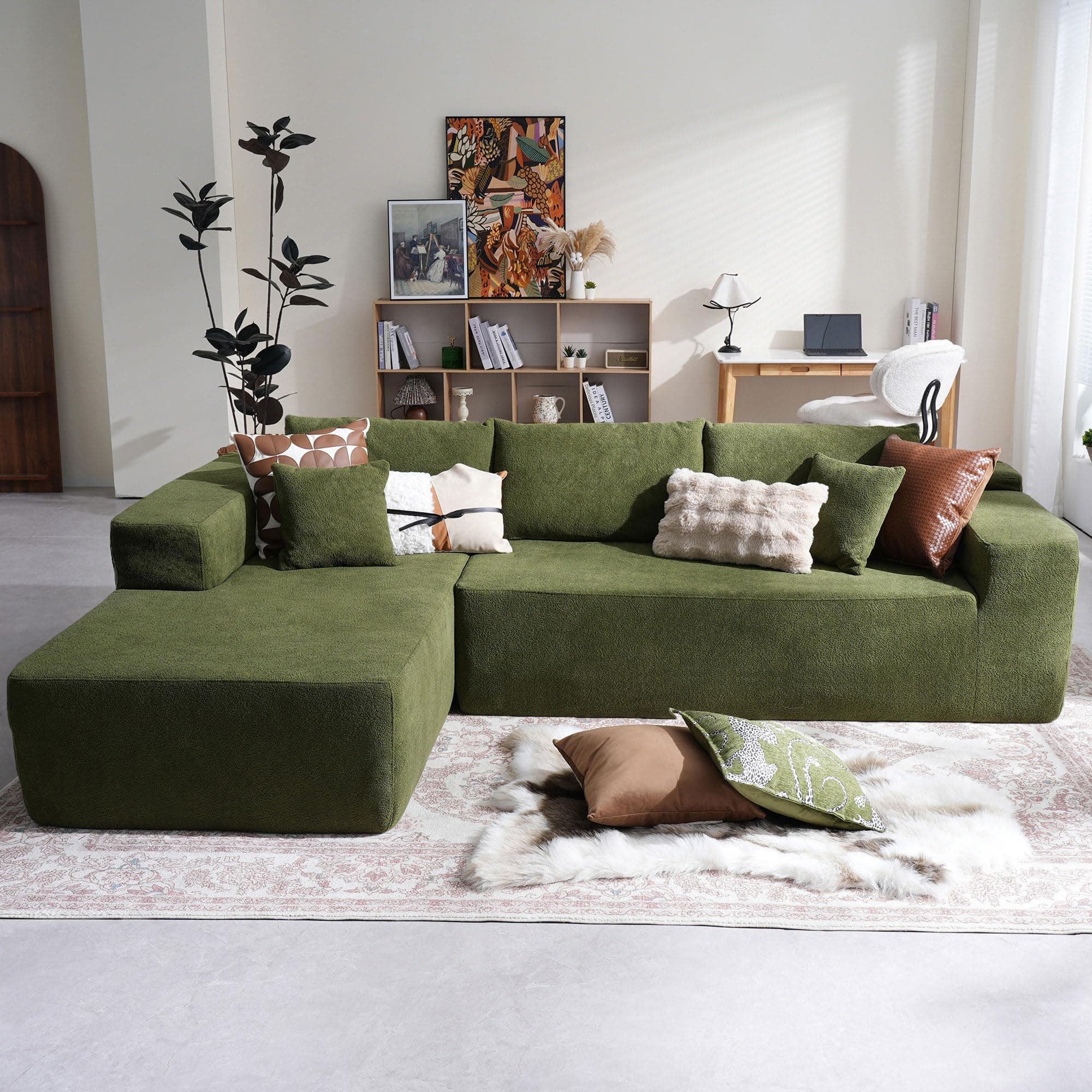 104" Cloud Sectional Couch with Comfy Chaise, Boneless L Shape Sofa with Deep Seat, Minimalist Modular Couches Sleeper for Living Room Bedroom Apartment Lounge,Green