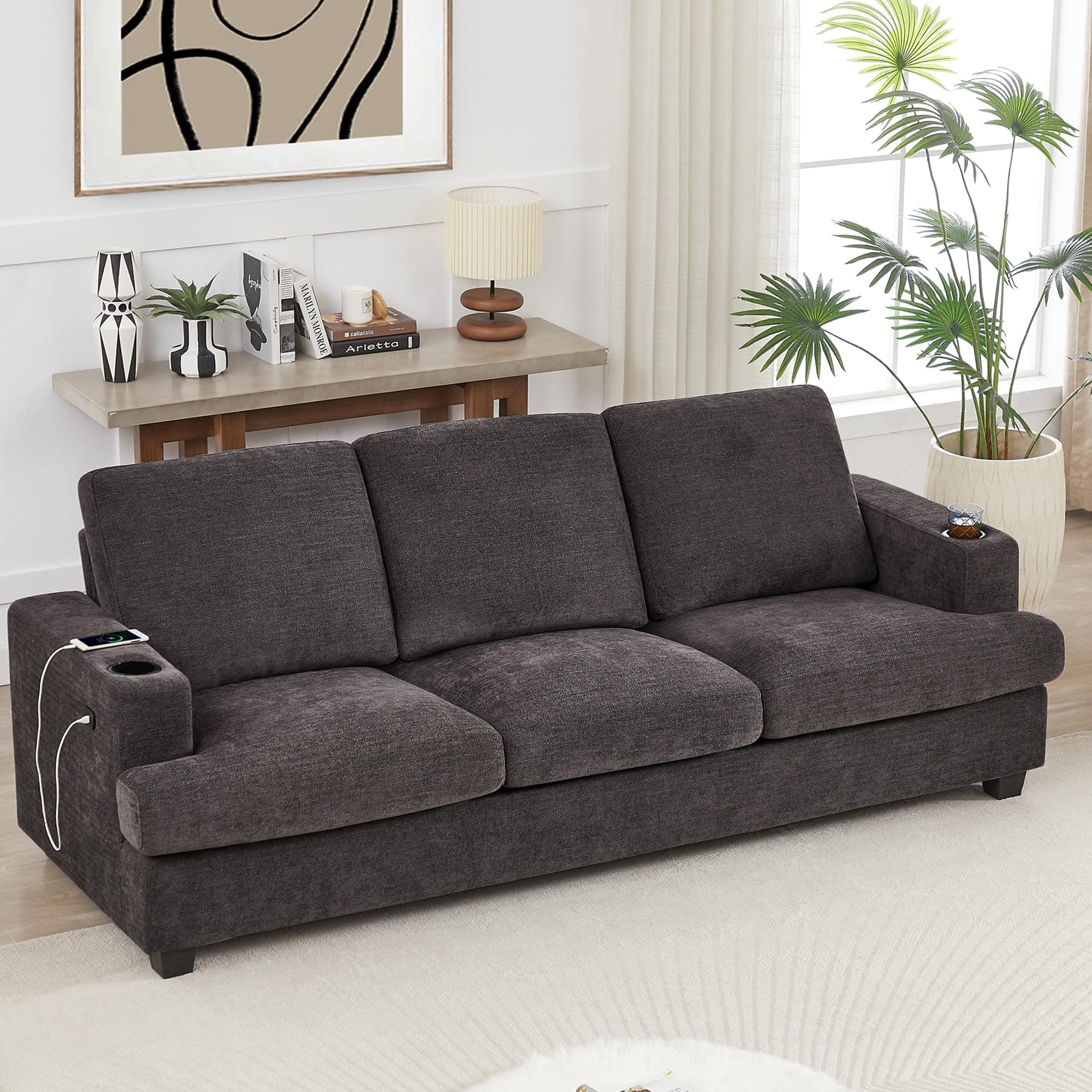 89" Sofa, Comfy Sofa Couch with Extra Deep Seats, Modern 3 Seater Sofa with USB Charging Ports & 2 Cup Holders, Chenille Upholstered Sofa for Apartment, Living Room, Office, Dark Grey