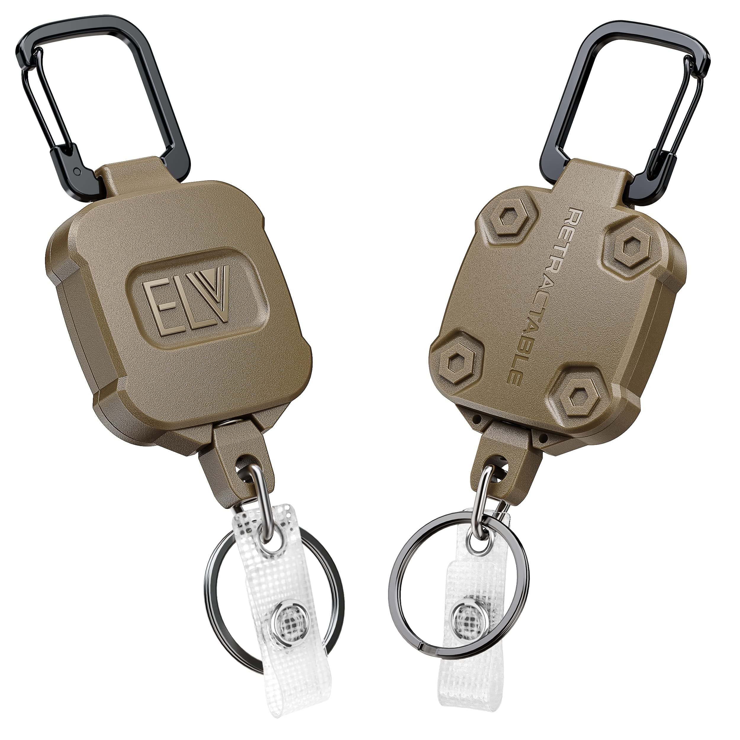 2 Pack ELV Self Retractable ID Badge Holder Key Reel, Heavy Duty, 32 Inches Cord, Carabiner Key Chain Keychain, Hold Up to 15 Keys and Tools (Tan)
