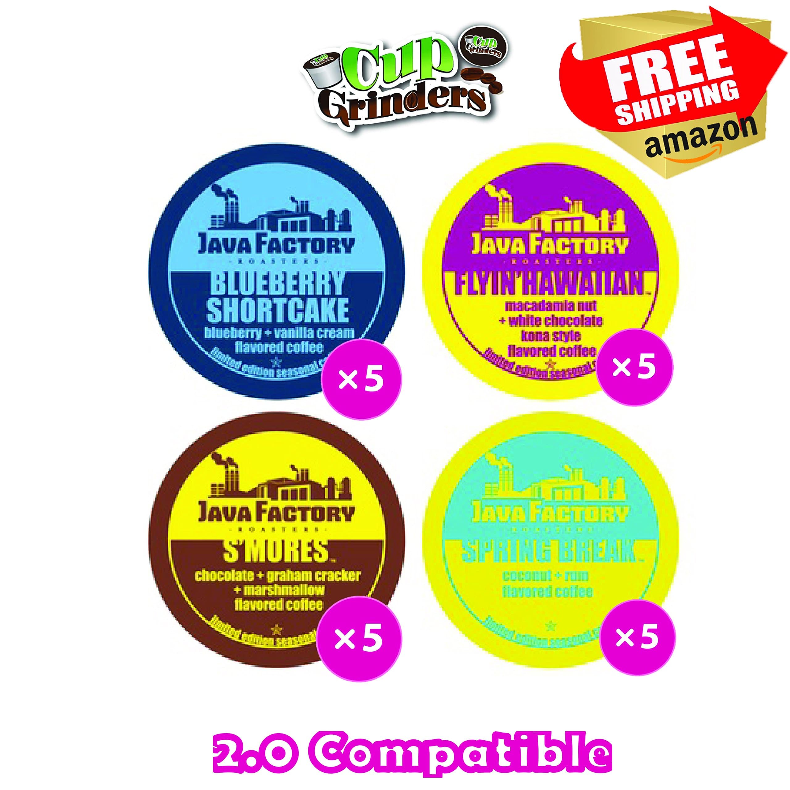 20 Count - Java Factory Seasonal Variety Pack k-cups featuring Blueberry Shortcake, Flyin' Hawaiian, Spring Break and S'mores