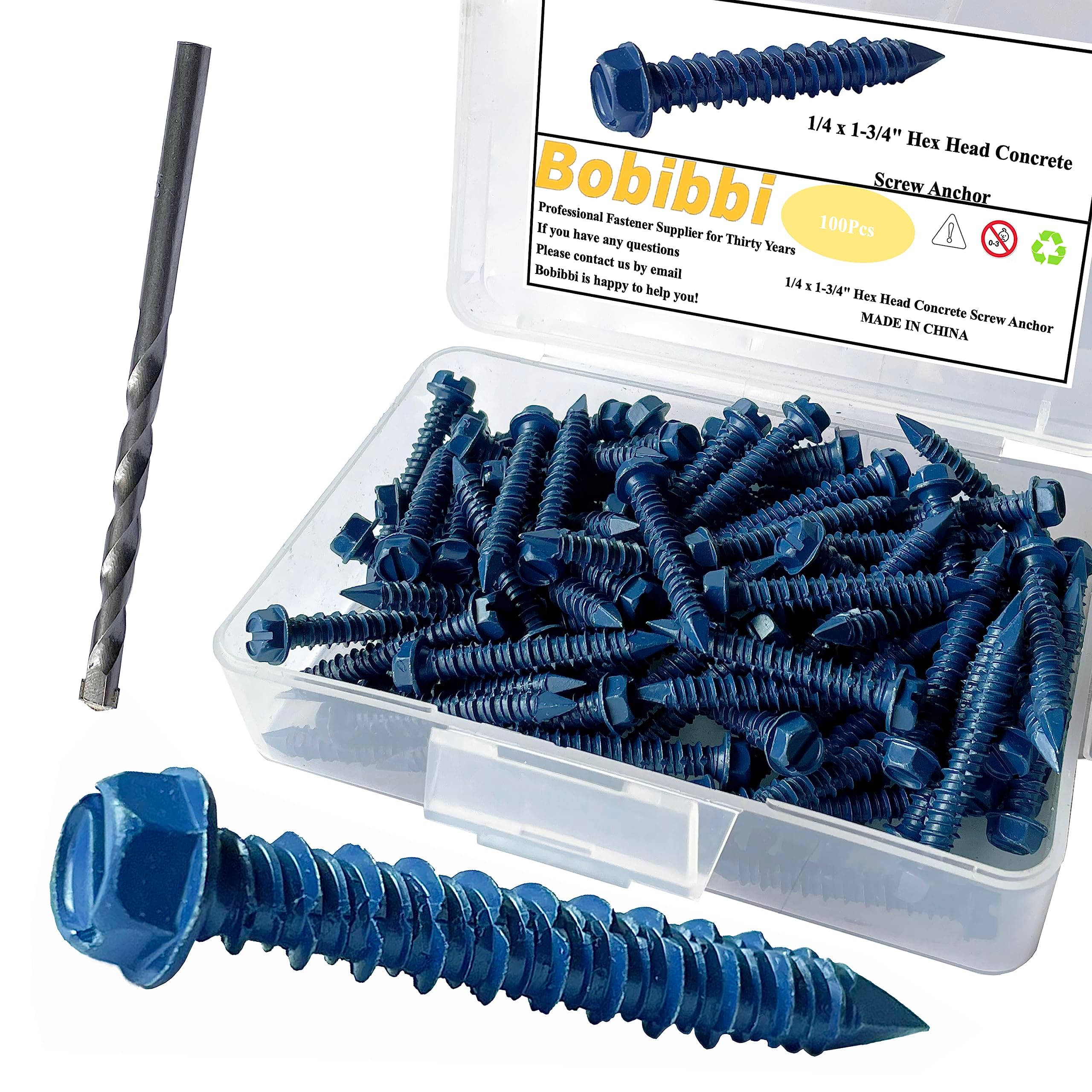 1/4 x 1-3/4" Hex Head Concrete Screw Anchor, for Anchoring to Masonry, Block or Brick (100Pcs)