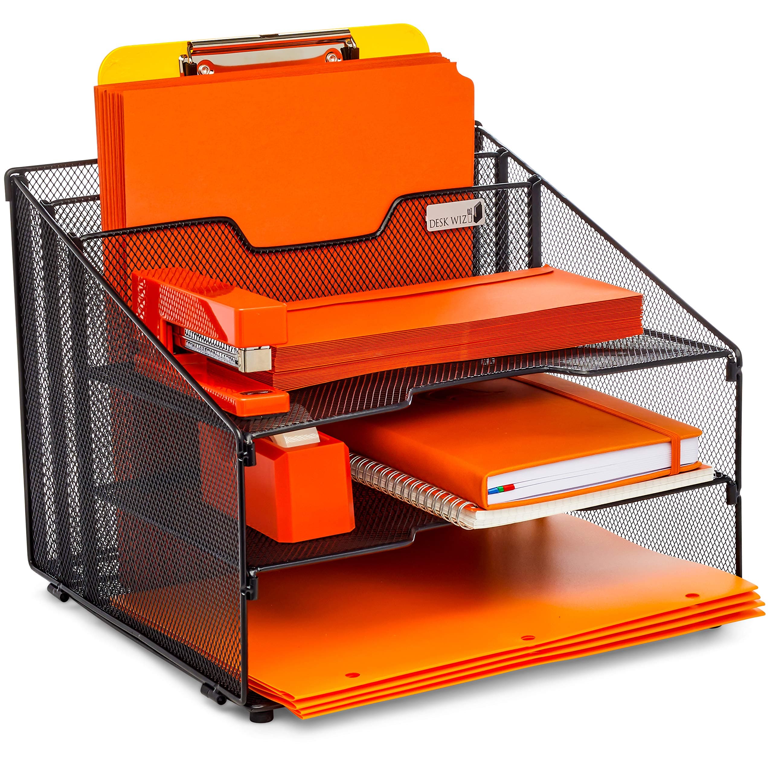 All-in-One Desktop Organizer File Folder Holder With Sturdy Non-Slip Rubber Feet - Black Metal Mesh Office Desk Supplies and Accessories Organizer