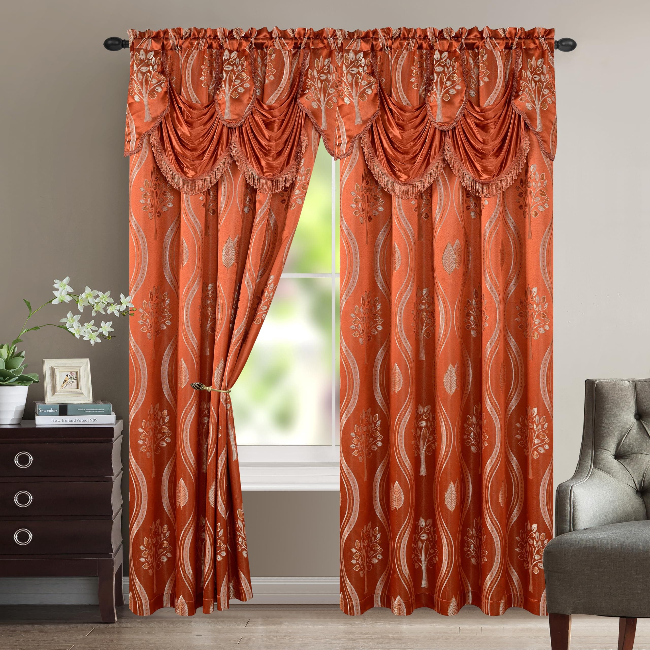 Aurora Jacquard Look Curtain Panel Set with Attached Valance 54" X 84 inch (Set of 2), Rusty Red