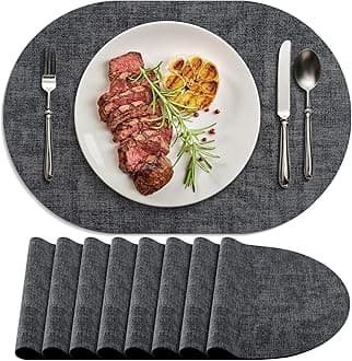 Placemats Set of 8 Non-Slip, Heat Resistant Oval Leather Place mats Double Layer, Waterproof Table Mats Easy to Clean for Kitchen Dining Room Coffee Office Table, Charcoal