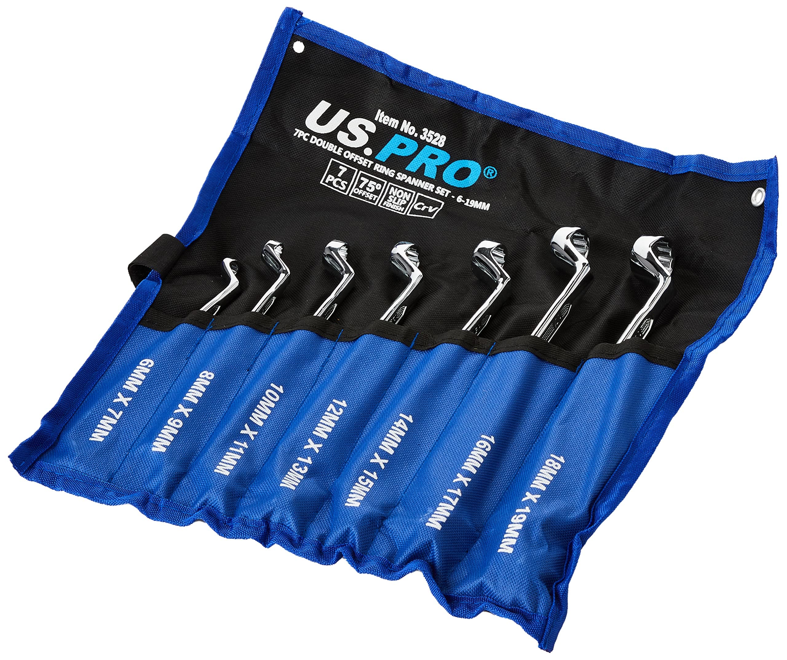 US PRO Tools 7pc Double Hex 35 Deg Offset Swan Neck Spanner Set 6-19mm 2984
