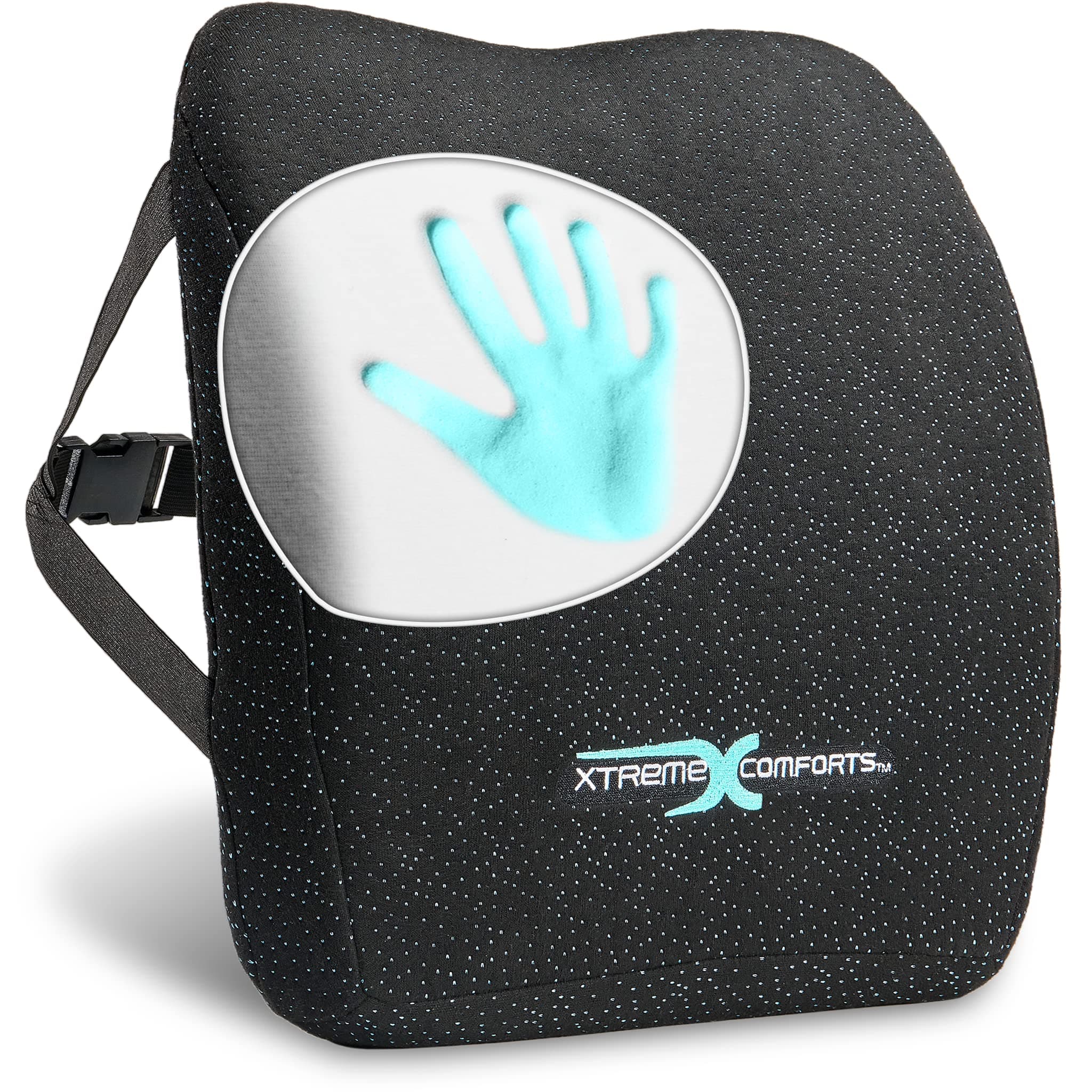 Memory Foam Back Cushion - Designed for Back Pain Relief - Lumbar Support Pillow With Premium Adjustable Strap - Hypoallergenic Ventilative Mesh - Alleviates Lower Back Pain