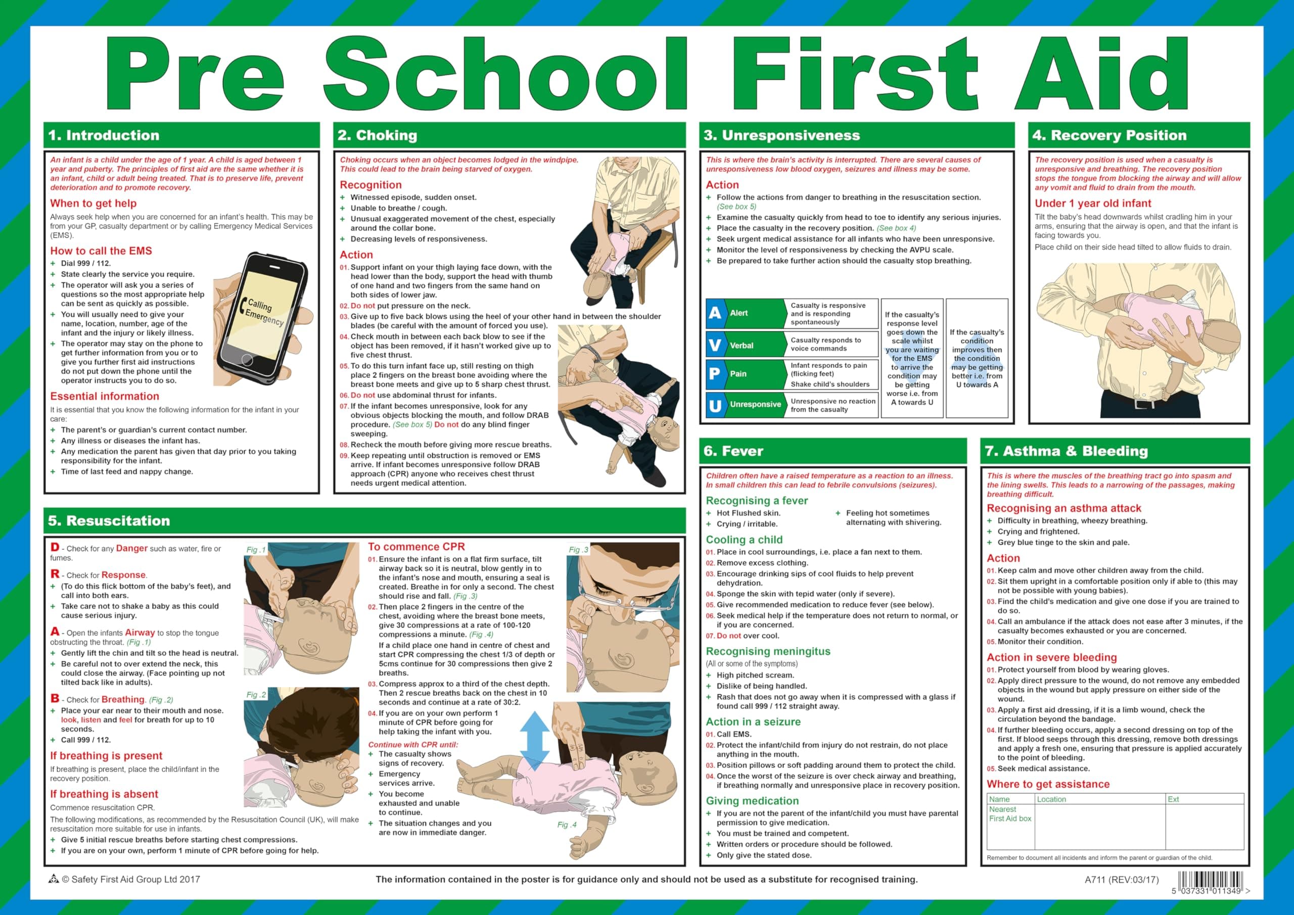 Safety First Aid Group Group Pre School First Aid Poster, Laminated, 59x42cm