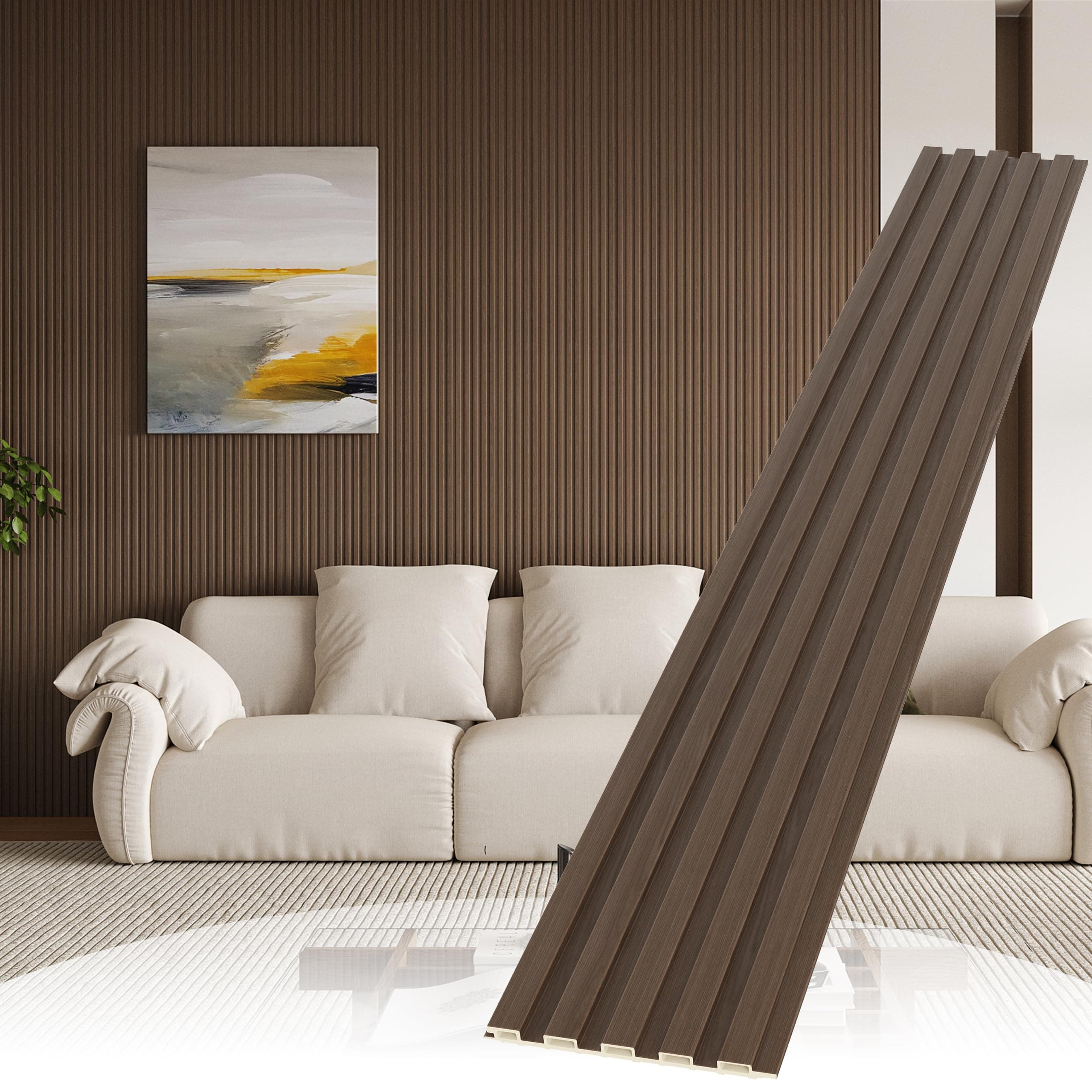 WPC Slat Wall Paneling, 8-Pack 3D WPC Wood Wall Panels, Acoustic Wall Panels for Interior Wall Decor, Living Room, Bedroom, Walnut, 95 x 6 in