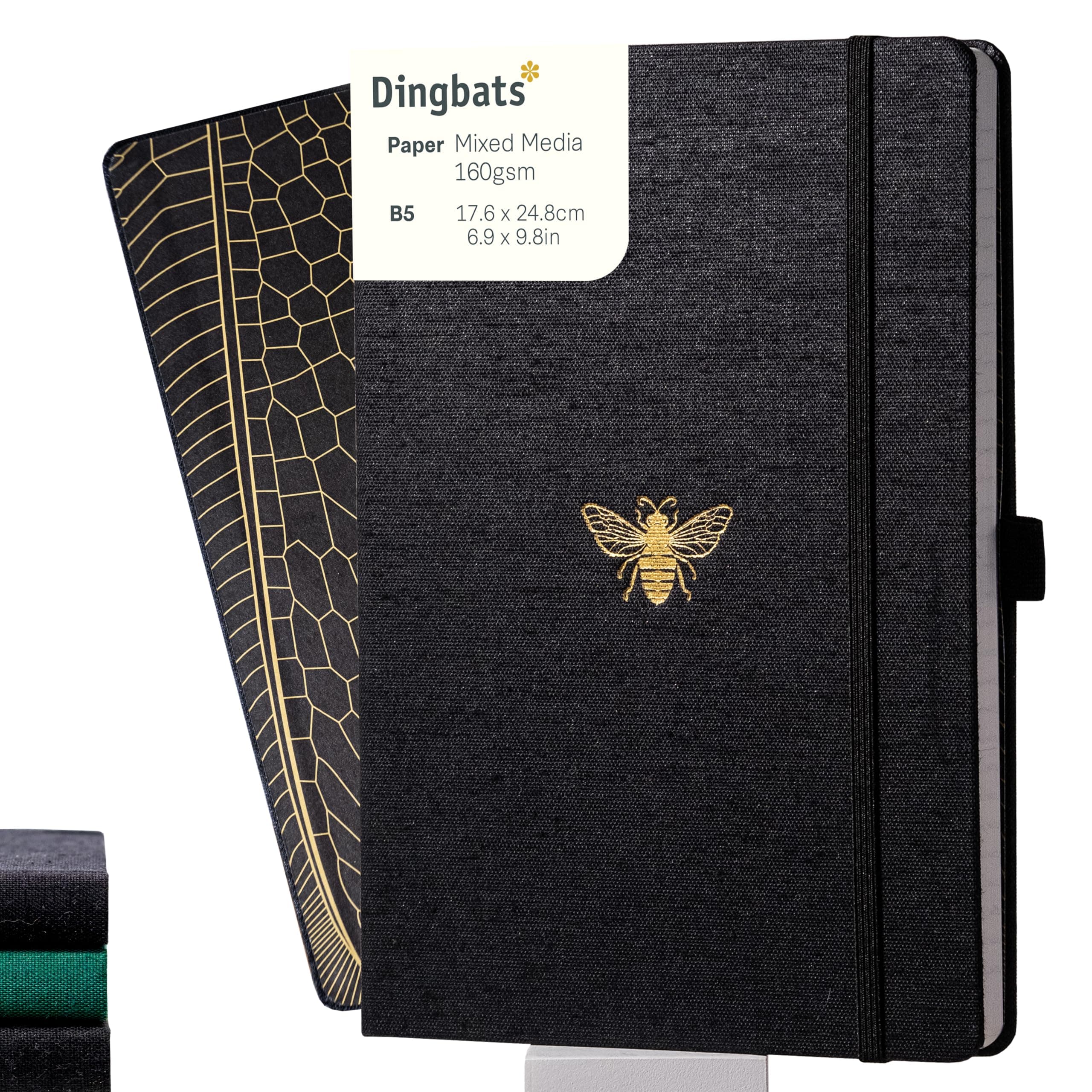 Dingbats* Pro Plain Large B5 Notebook - Black Textile Cover, Thread-Bound Writing Journal - for Work, Travel - Pocket, Elastic Closure, Bookmark