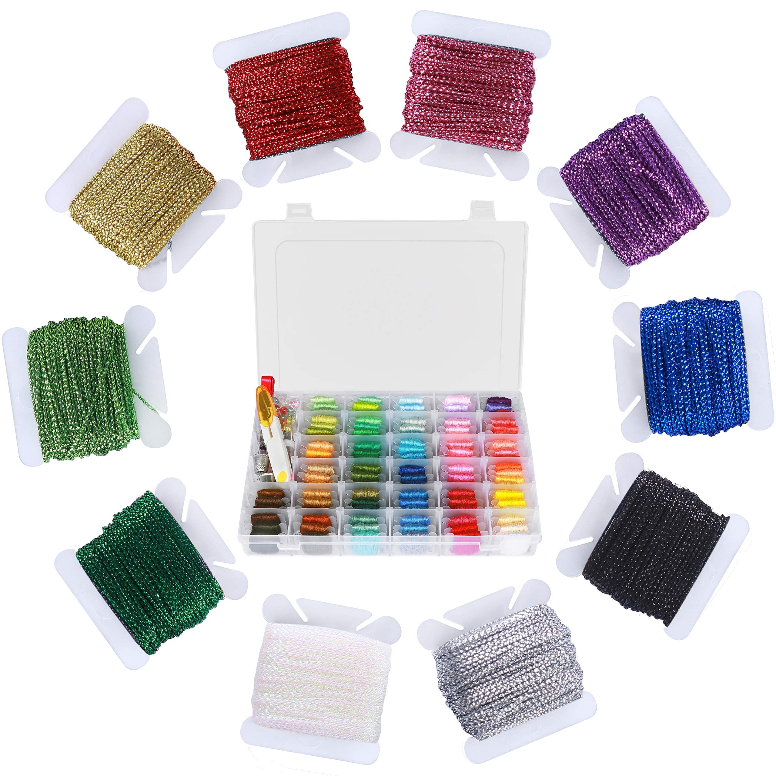 Embroidery Floss with Thread Organizer Storage Box - Friendship Bracelet String and Ribbons - Filled with 100 Premium Rainbow Color Skeins Cross Stitch Kits on Embroidery Thread Bobbins