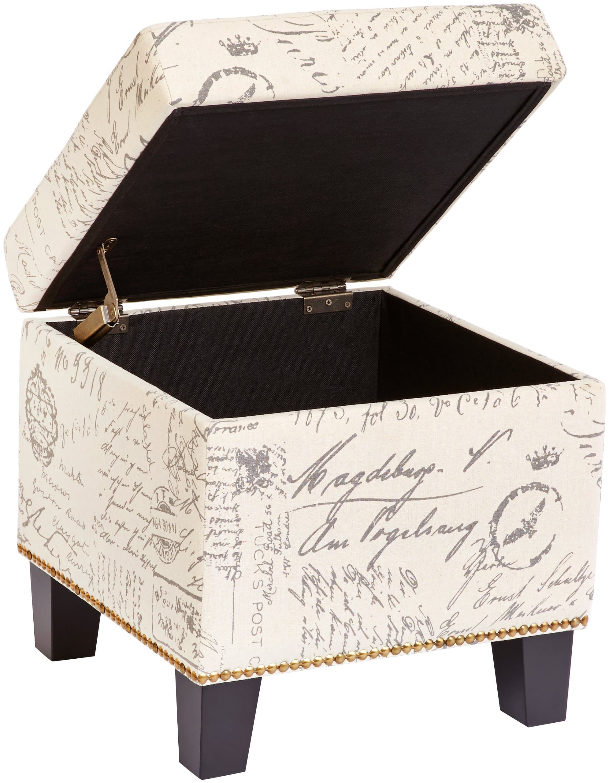 FIRST HILL FHW Elaina Square Fabric Storage Ottoman with Script-Style Pattern - Neutral Beige