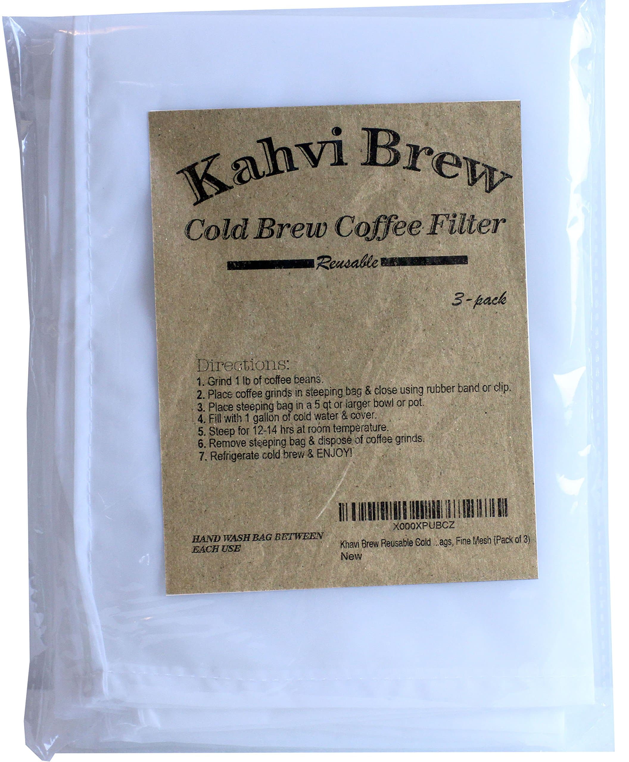 Khavi Brew Reusable Cold Brew Coffee Filter Bags, Fine Mesh (Pack of 3)