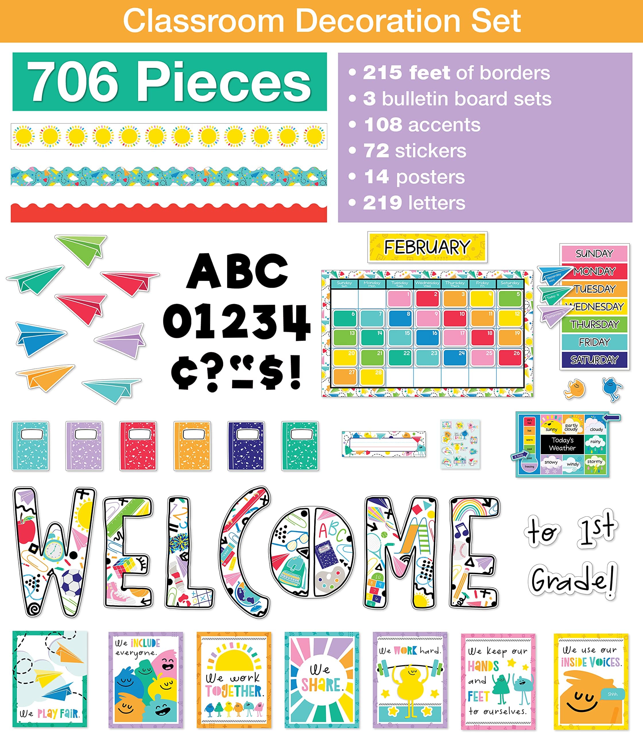 Happy Place Classroom Bright Classroom Decor Bundle, Classroom Calendar & Welcome Bulletin Board, Bulletin Board Letters, Classroom Decor Set, Motivational Poster Set (706 pc)