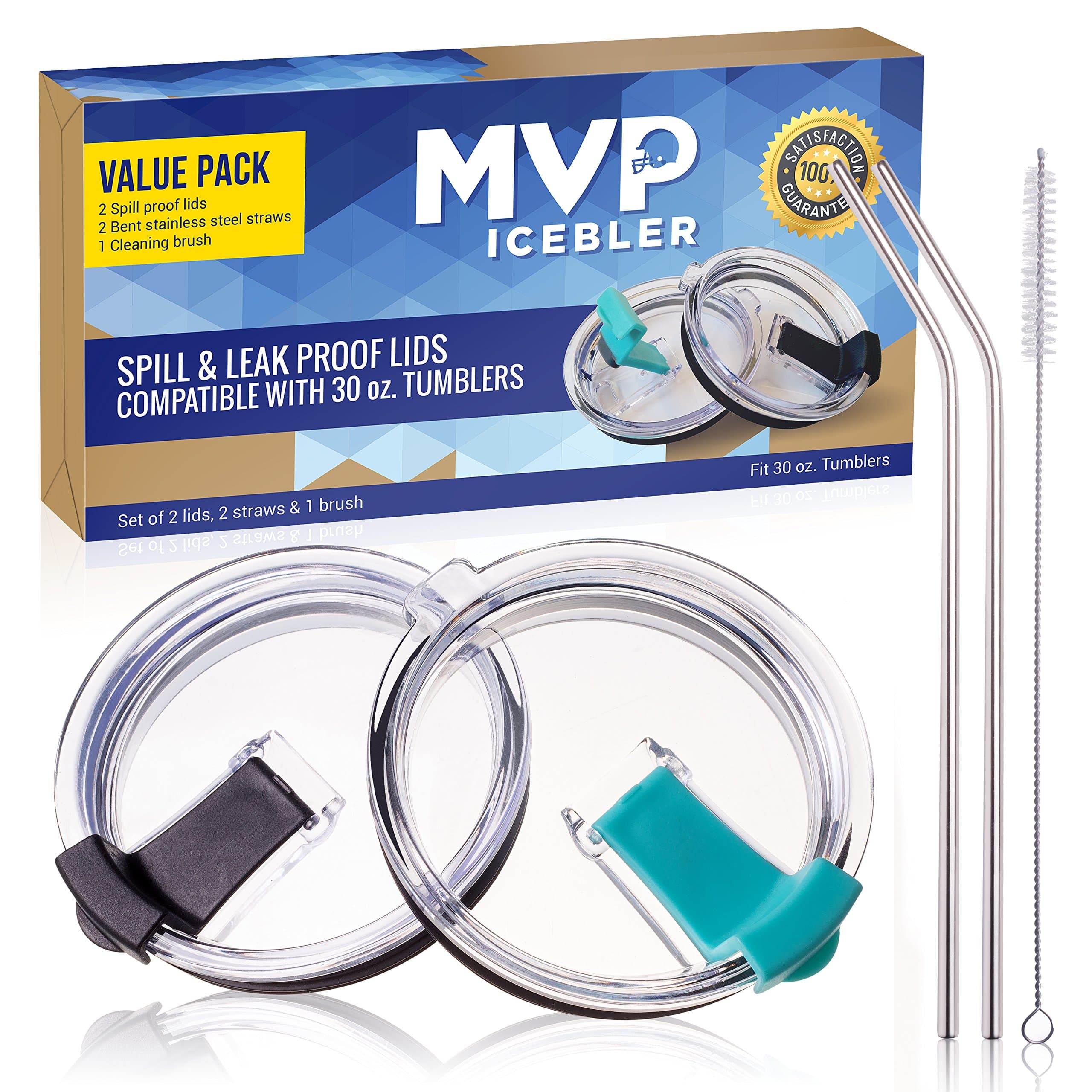 2 Splash Proof Replacement Lids for 30 oz Tumbler, No Leak Spill Resistant Vacuum Lock Black & Teal Cup Lids, Compatible with Yeti Lid, Old Rtic Lid & Ozark Lid, w/ 2 Straws & a Brush, by MVP ICEBLER