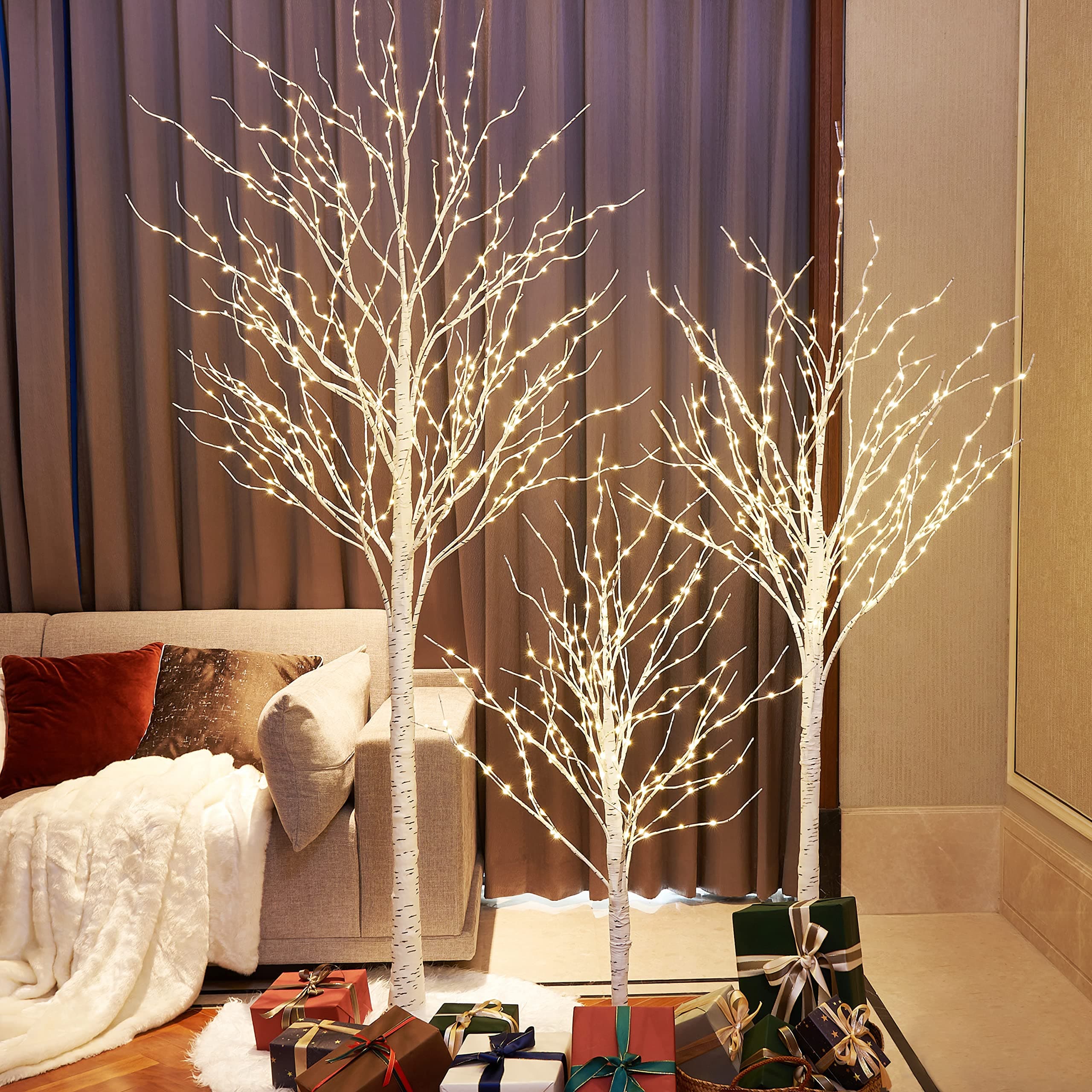 Lightshare Lighted Birch Twig Tree with Fairy Lights 4FT, 6FT and 8FT, Pack of 3 Warm White for Indoor Outdoor Home Christmas Holiday Decoration
