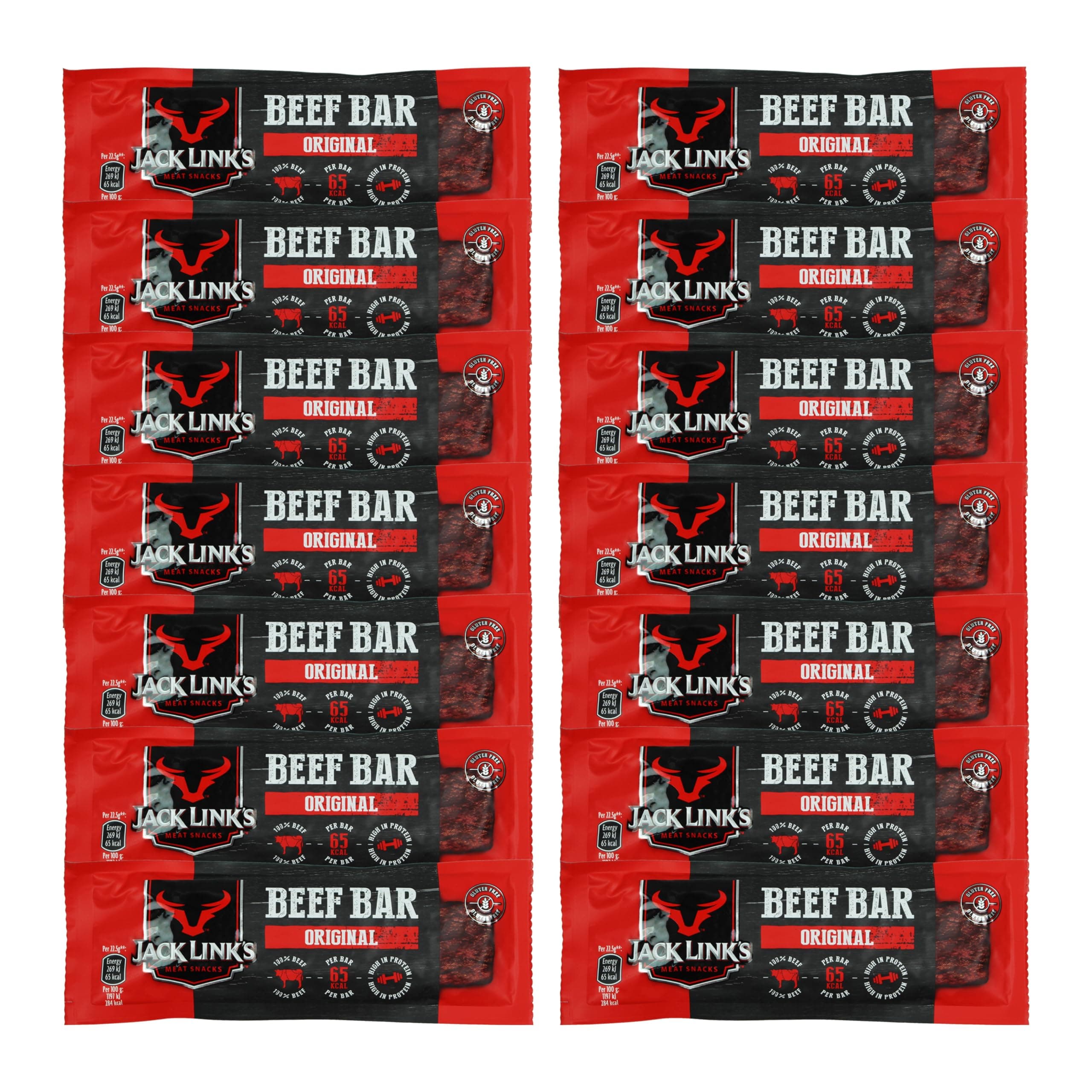 Jack Link's Beef Bar, Original Flavour, Multipack 14 x 22.5g Bars, High Protein Meat Snack, Eat on the Go or Post Gym
