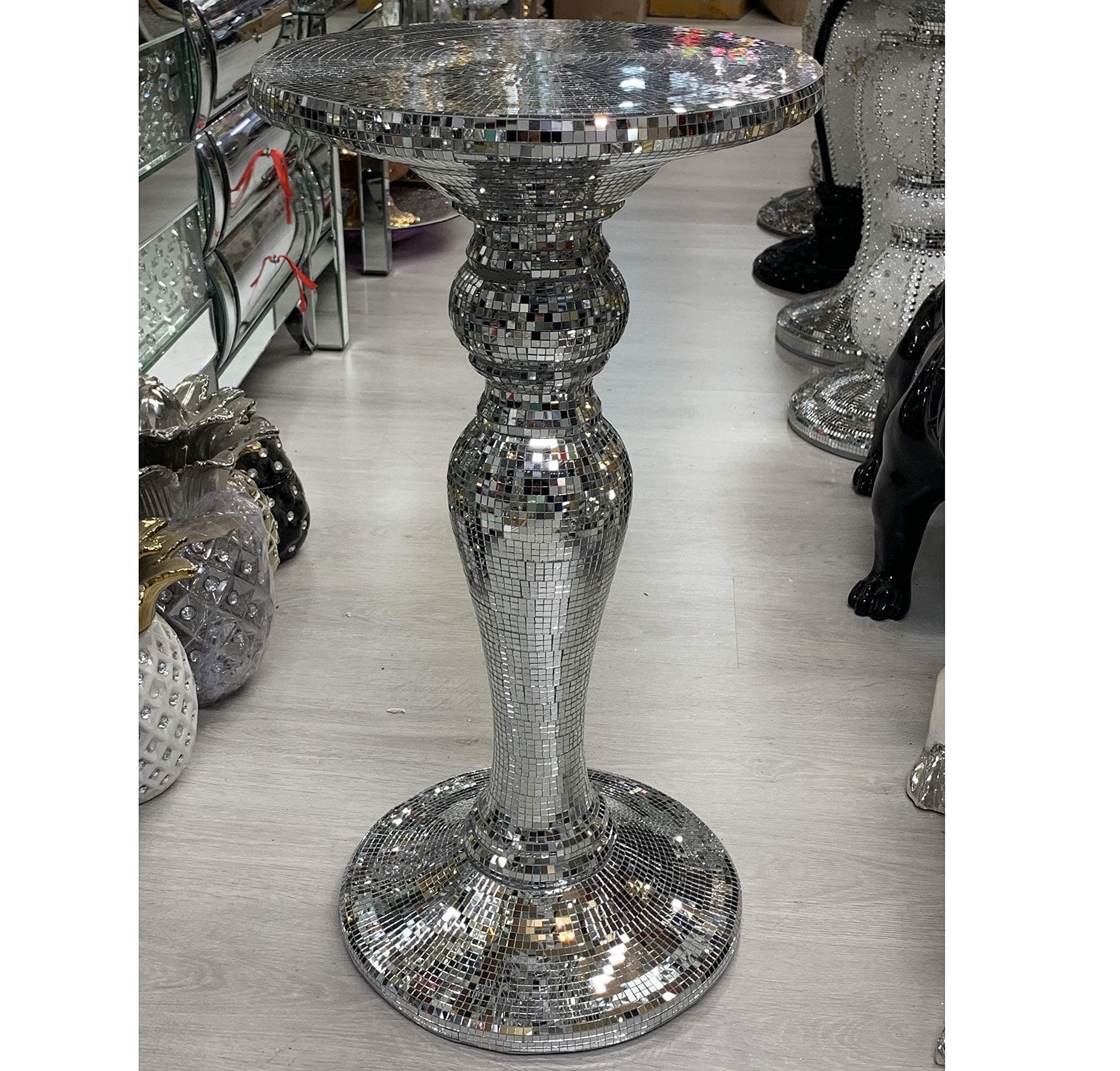 TOV® Silver Mirrored Side Table Modern Plant Stands Bed Side Sparkle End Romany Pearl