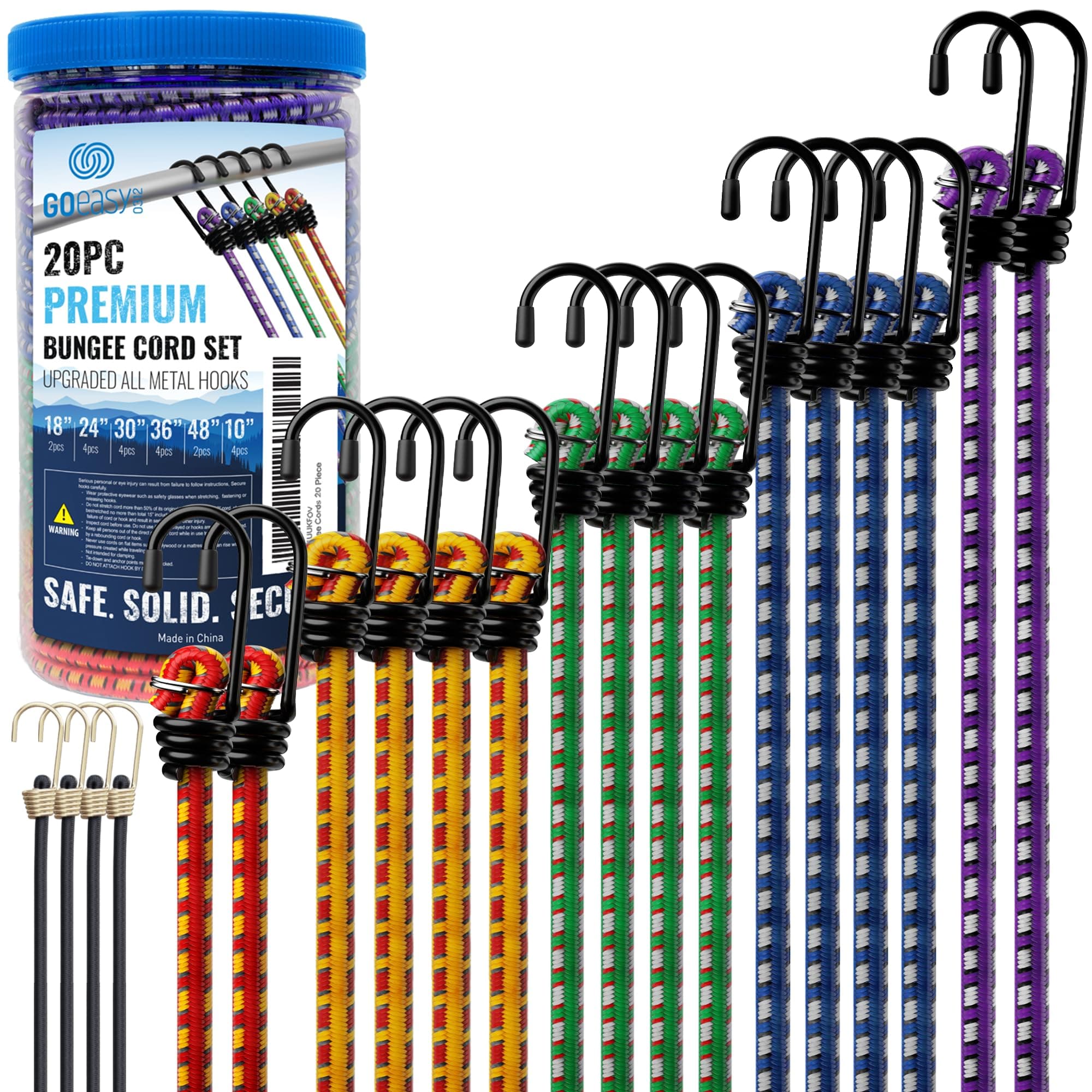 Premium Bungee Cords Assortment 20 Piece in Storage Jar Includes 10â€Â, 18â€Â, 24â€Â, 30â€Â, 36â€Â, 48†Bungee Cord