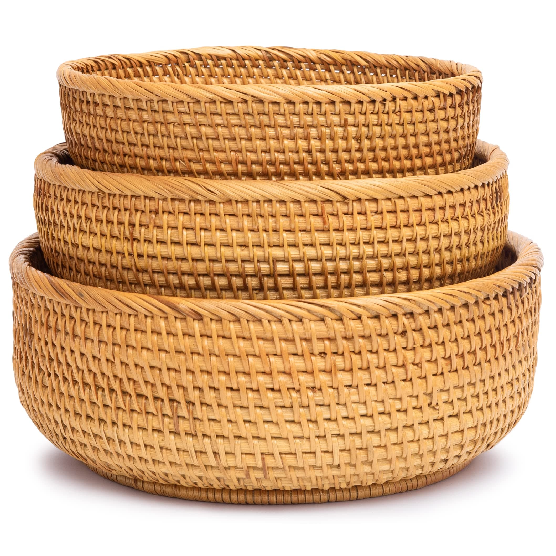 Round Wicker Baskets Handwoven Fruit And Vegetable Storage for Serving Potatoes Onions Bread Rattan Decor Basket Stackable Set 3 Fruit Holder for Kitchen Countertop Organizing Bathroom (Honey Brown)