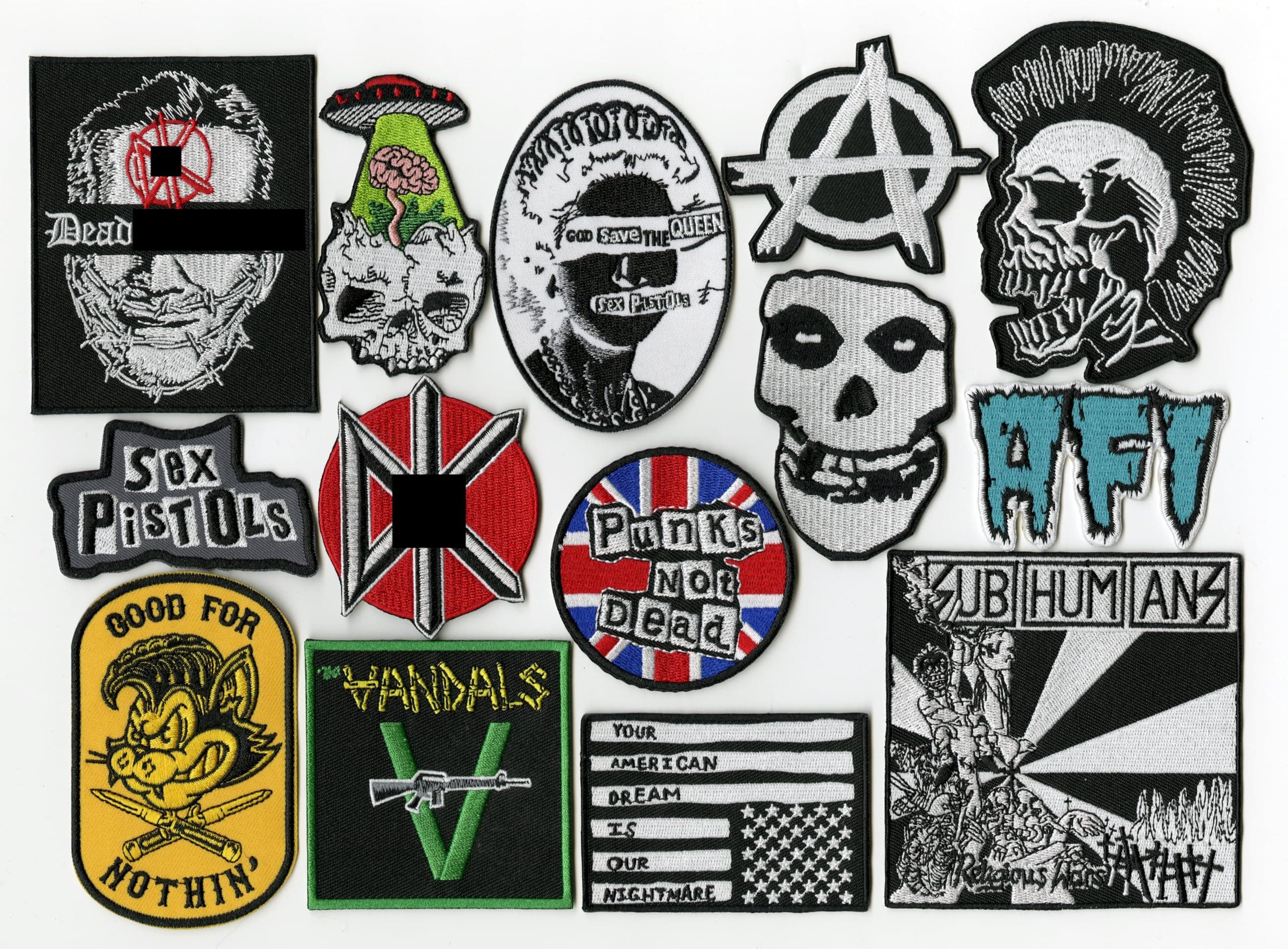 14pc Punks Not Dead Patch Set | Dead Kennedys | Misfits | The Vandals | Anarchy | AFI | SUBHUMANZ | Metal Skull | Small Embroidered Band Patches -