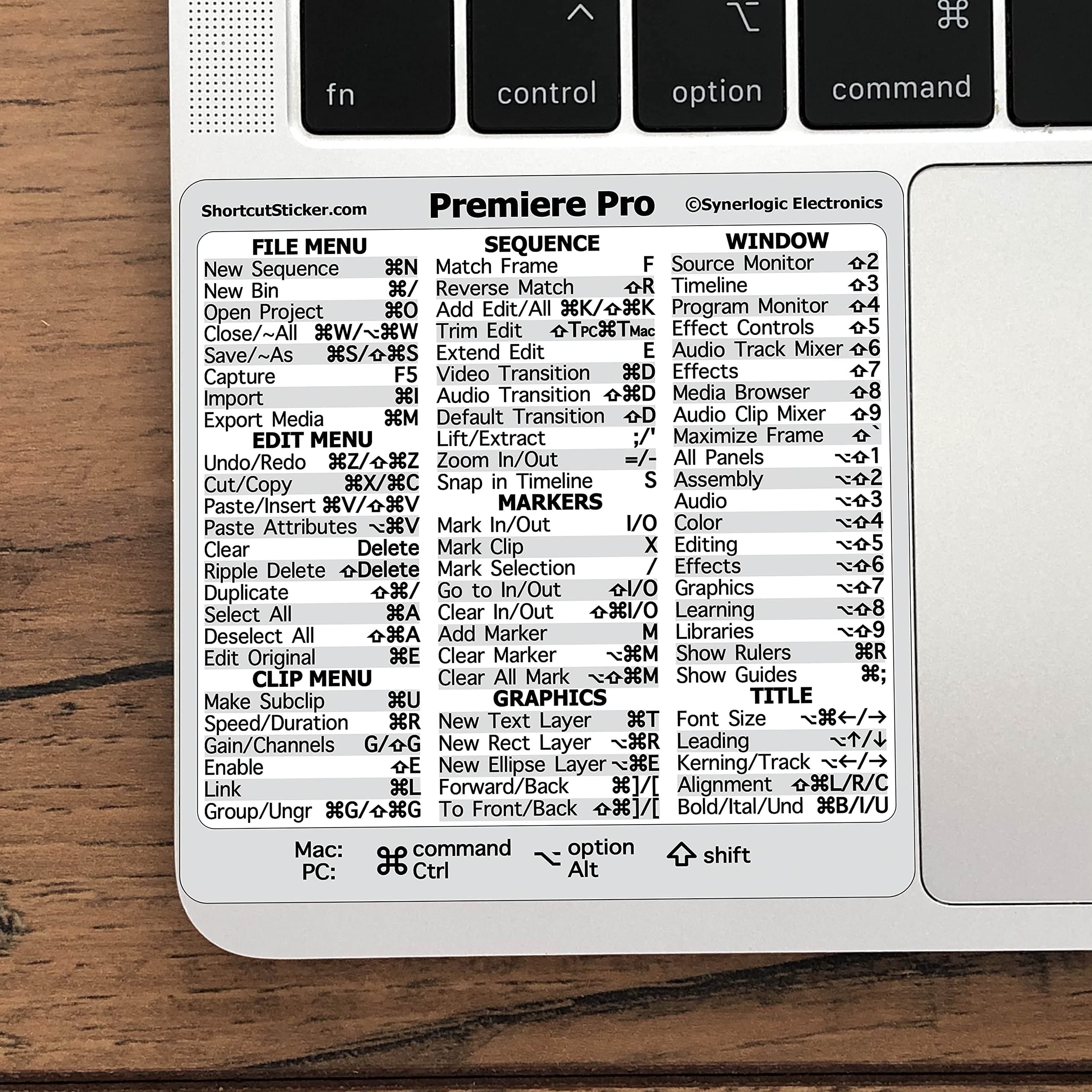SynerlogicElectronics Adobe Premiere Pro Quick Reference Keyboard Guide Shortcut Sticker, No-Residue Adhesive, Laminated Vinyl, Compatible with Any MacBook or PC, Size 3.25"x3.25"