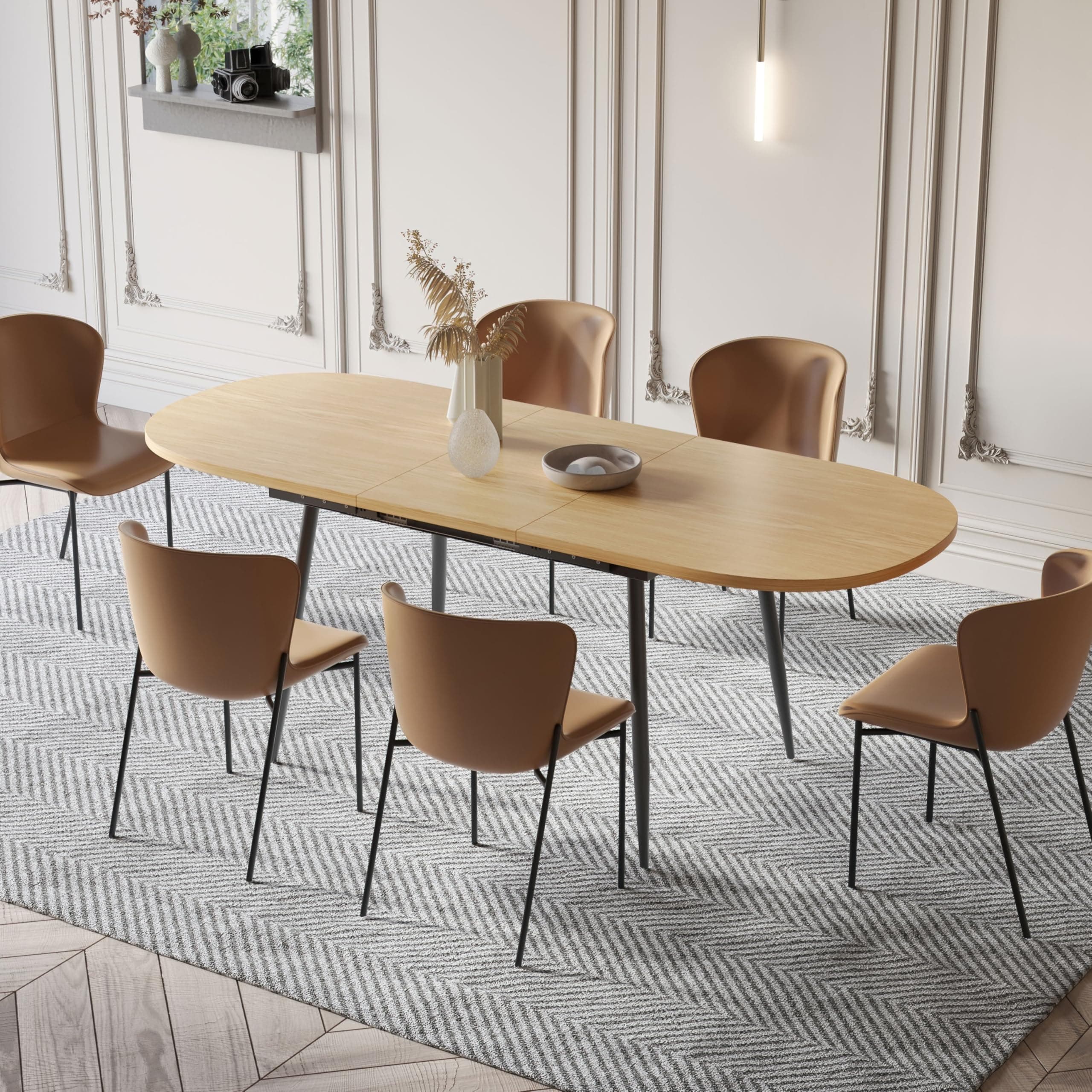 75" x 32" Extendable Dining Table - Oval Wooden Table Top with Metal Legs, Space-Saving Extendable 59" to 75" Dining Kitchen Table (Oval, Natural)
