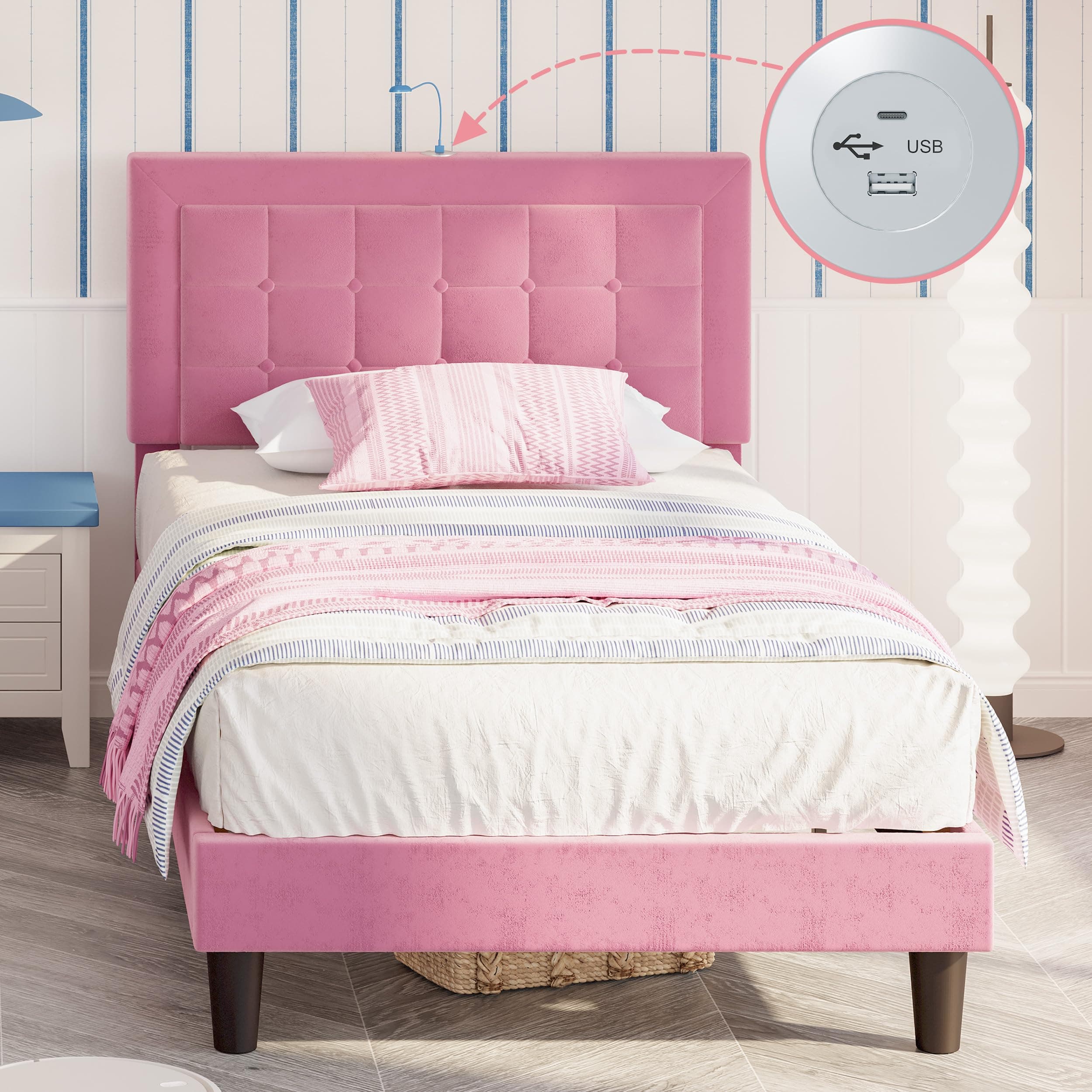 ANCTOR Twin Bed Frames with Charging Station & Height Adjustable Headboard, Upholstered Platform Beds, Wood Slat, Metal Support, No Box Spring Needed, Pink