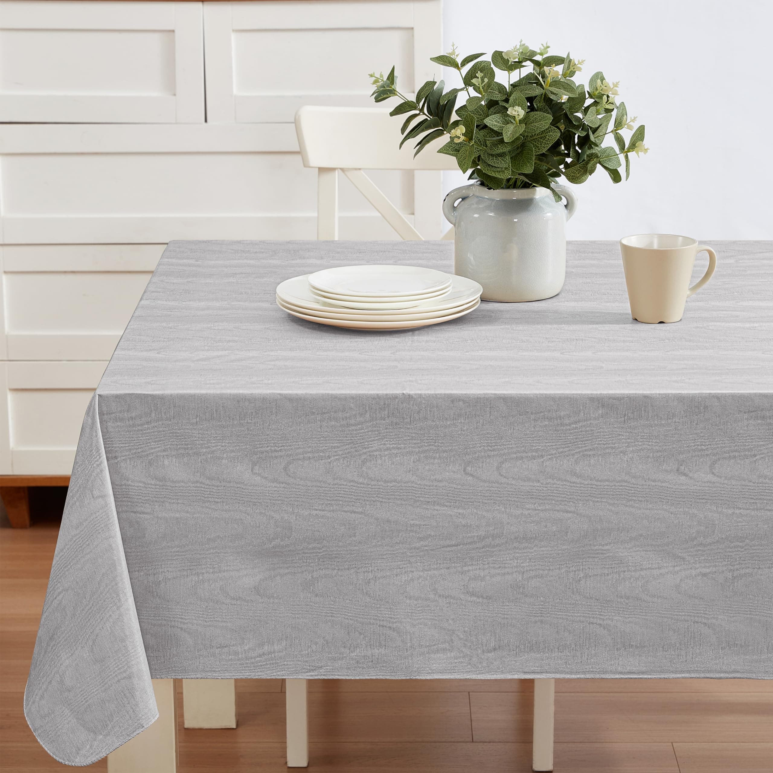 Newbridge Vinyl Flannel Backed Tablecloth, 60 x 120 Inch Rectangle, Grey Moire Wavy Solid Design, Heavyweight Indoor Outdoor Waterproof Table Cover, Easy Care Wipe Clean