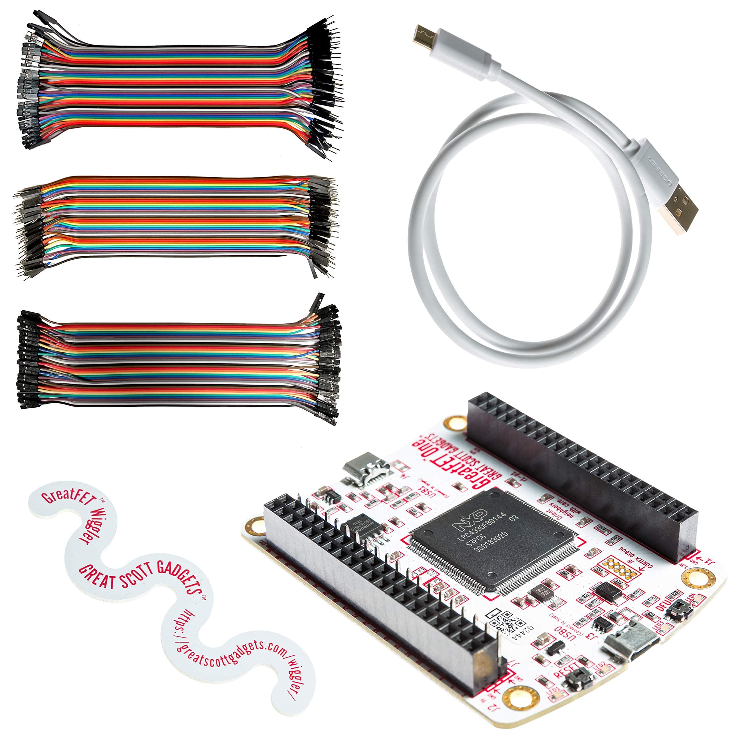 Great Scott Gadgets GreatFET One Bundle - Hi-Speed USB Peripheral, Logic Analyzer, Debugger and Development Board. Open Hardware. Includes GreatFET One, Wiggler, Cable & 120 Prototyping Wires