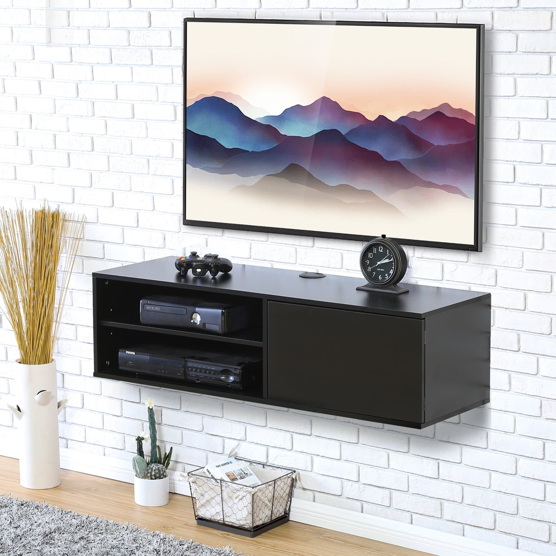 FITUEYES 2 Cube Wall Mounted Audio/Video Console Storage Cabinet 1 Door Floating Console Hutch Black for Xbox one /PS4/ vizio/Sumsung/Sony TV.DS310801WB