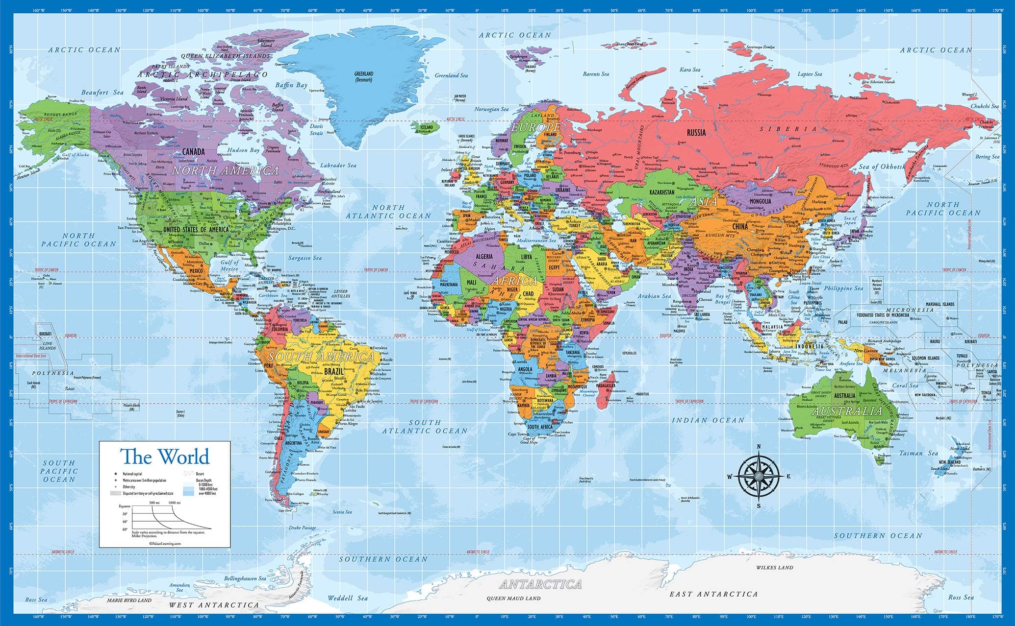 Laminated World Map Wall Chart Map of The World - Made in The USA - Updated 18" x 29"