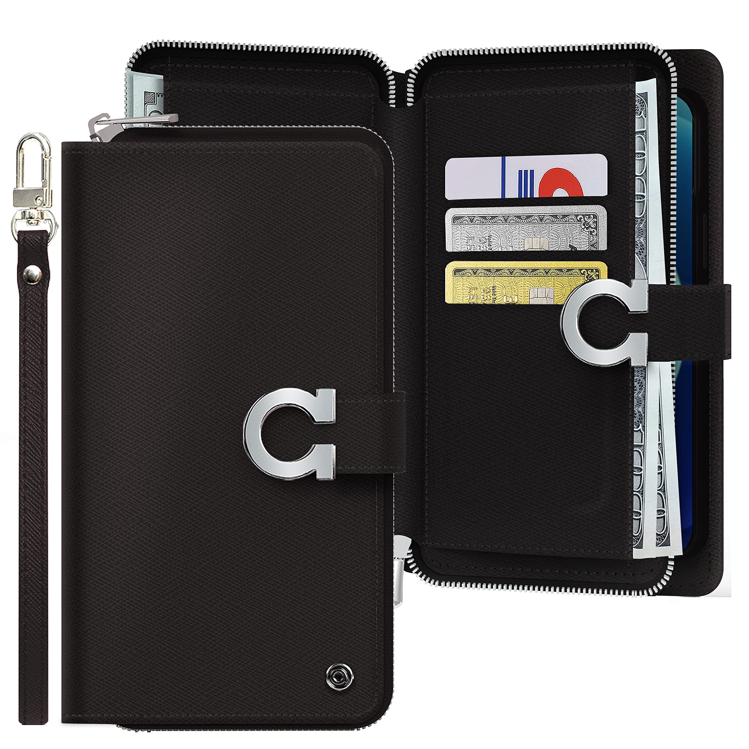 JUST4YOU iPhone 11 Pro Max Zipper Wallet Case with Strap Card Holder Premium PU Leather Flip Cover Folio Case (Black) CS_FC_ZW_I11PM_BK