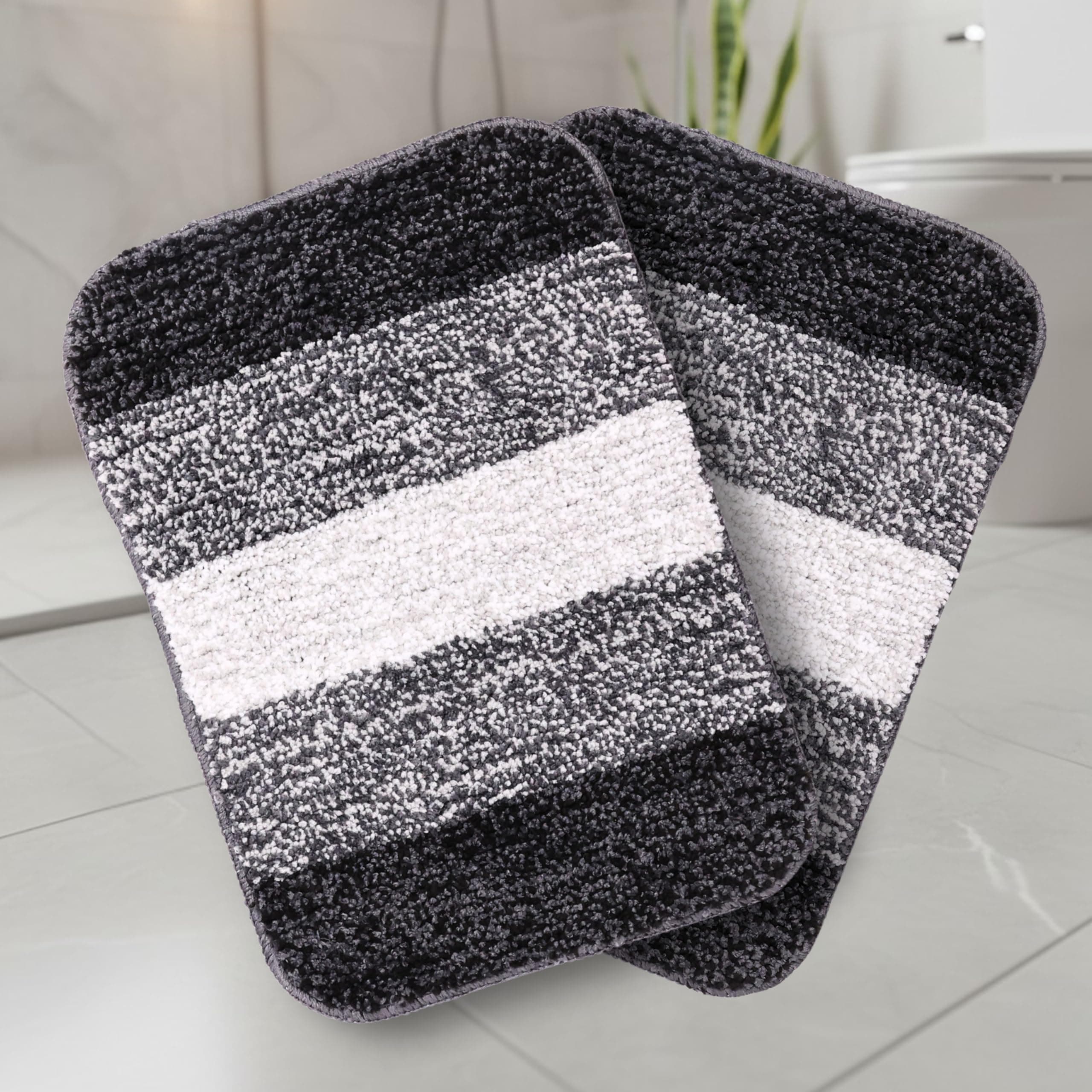 Microfiber Striped Rectangle Shaped Anti-Skid Bath Mats | Soft & Super Absorbent Mats for Shower | Washable, Non-Slip & Quick-Drying Mats, 35x50 CM | Pack of 2 (Black)