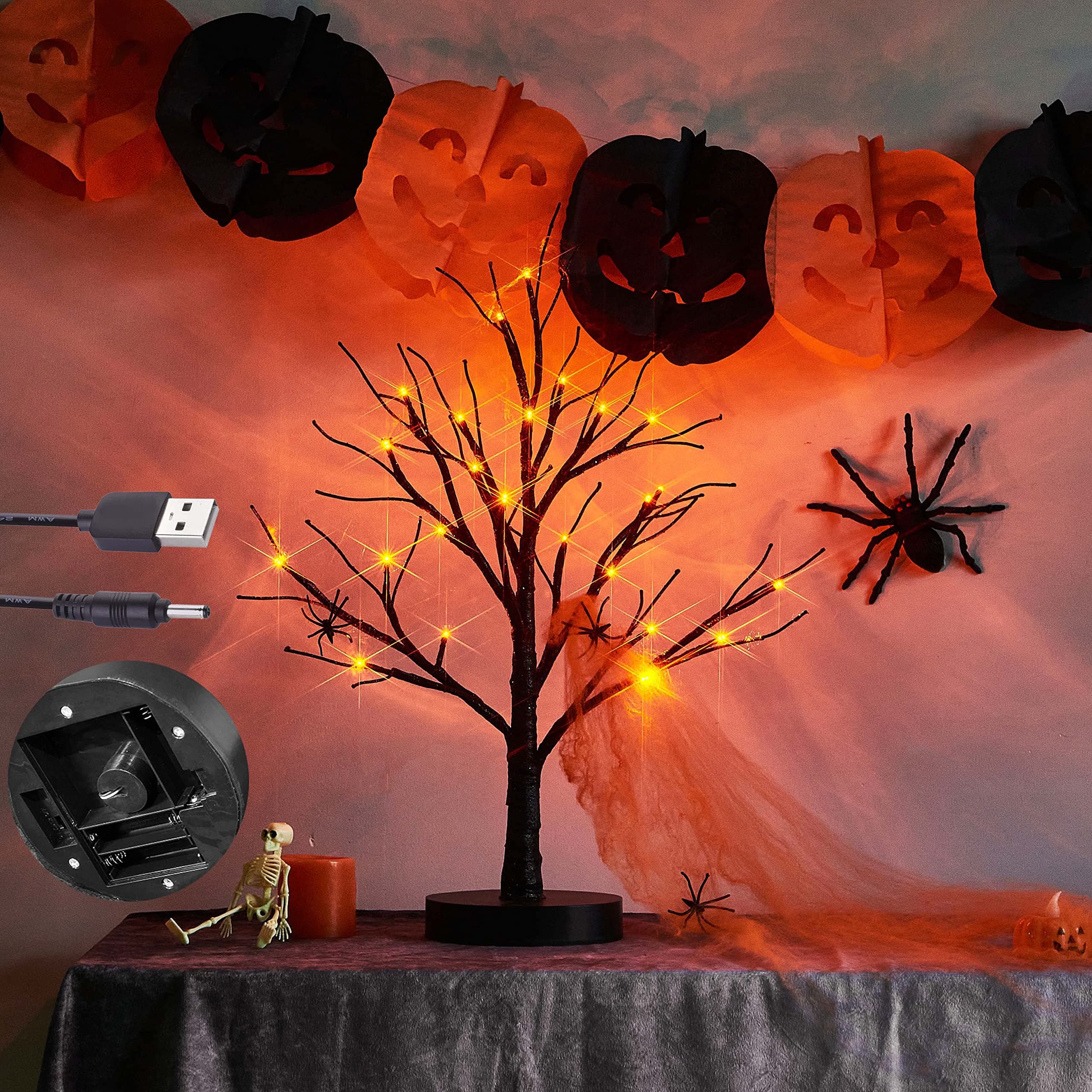 LITBLOOM Lighted Spooky Halloween Tree with Timer Battery Operated, Pre-lit Black Glittered Tabletop Tree with Orange Lights 24L 18IN for Halloween Home Party Decoration Indoor