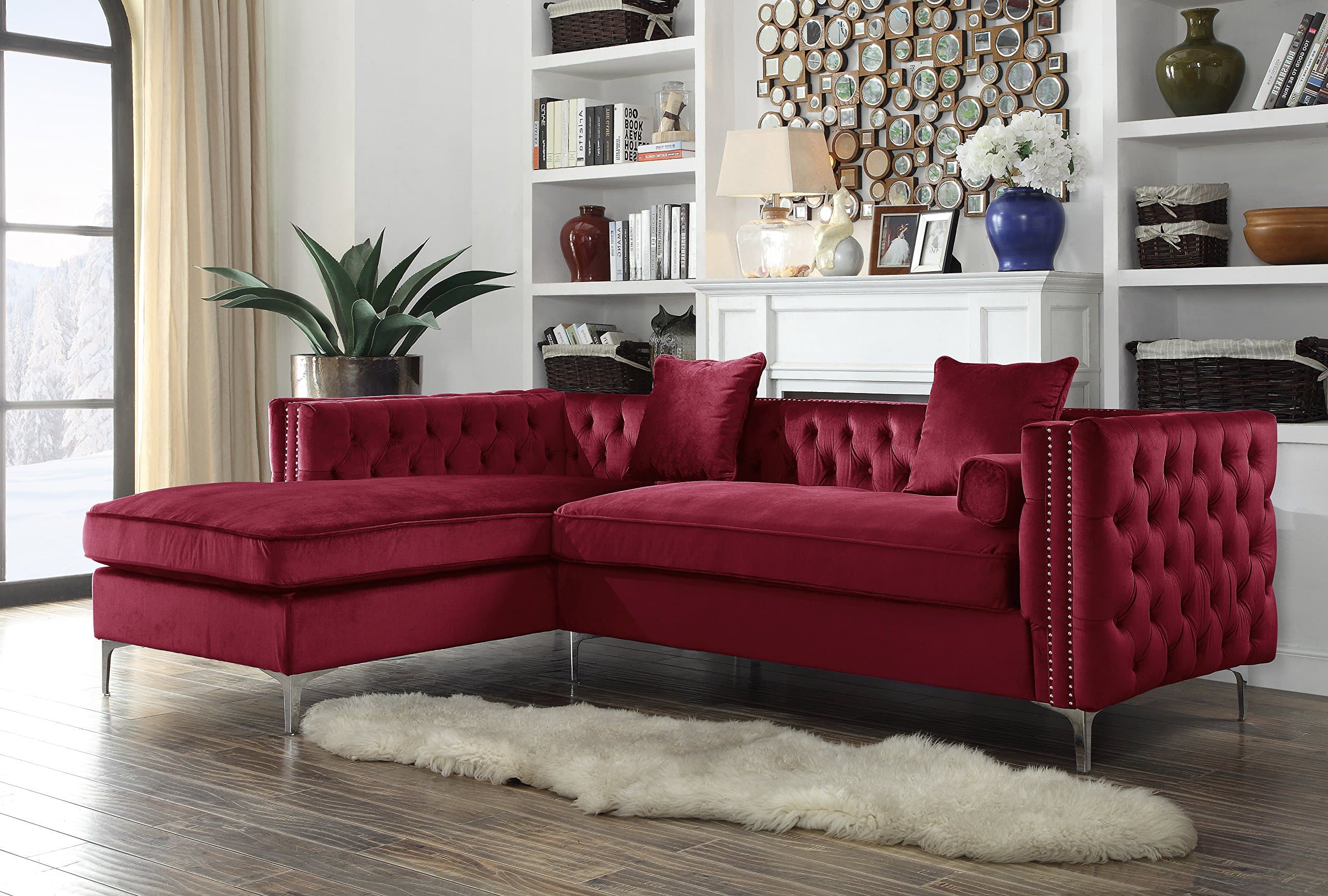 Iconic Home Da Vinci Left Hand Facing Sectional Sofa L Shape Chaise Velvet Button Tufted with Silver Nail Head Trim Silvertone Metal Y-Leg with 3 Accent Pillows, Modern Contemporary, Red