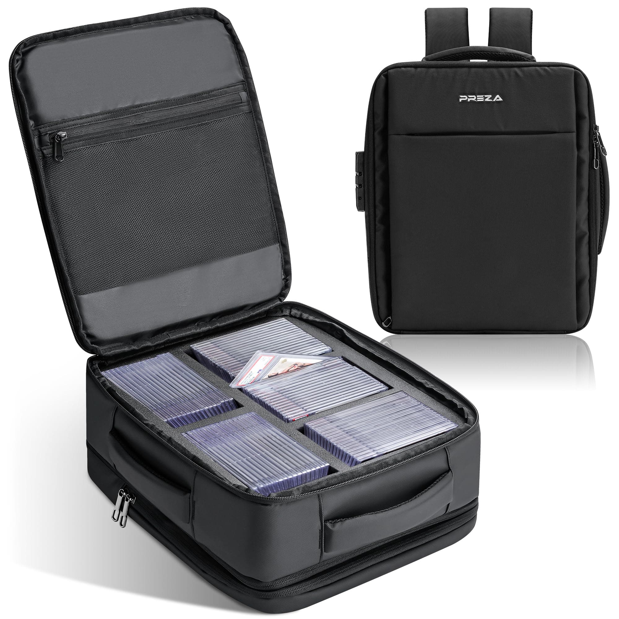 PREZA Graded Card Backpack with Slab Case Insert - Holds 85 Graded Slabs - Trading Card Backpack Compatible with MTG, TCG, PSA, BGS, SGC - Memorabilia Travel Bag Fits Binder and Case (Black)