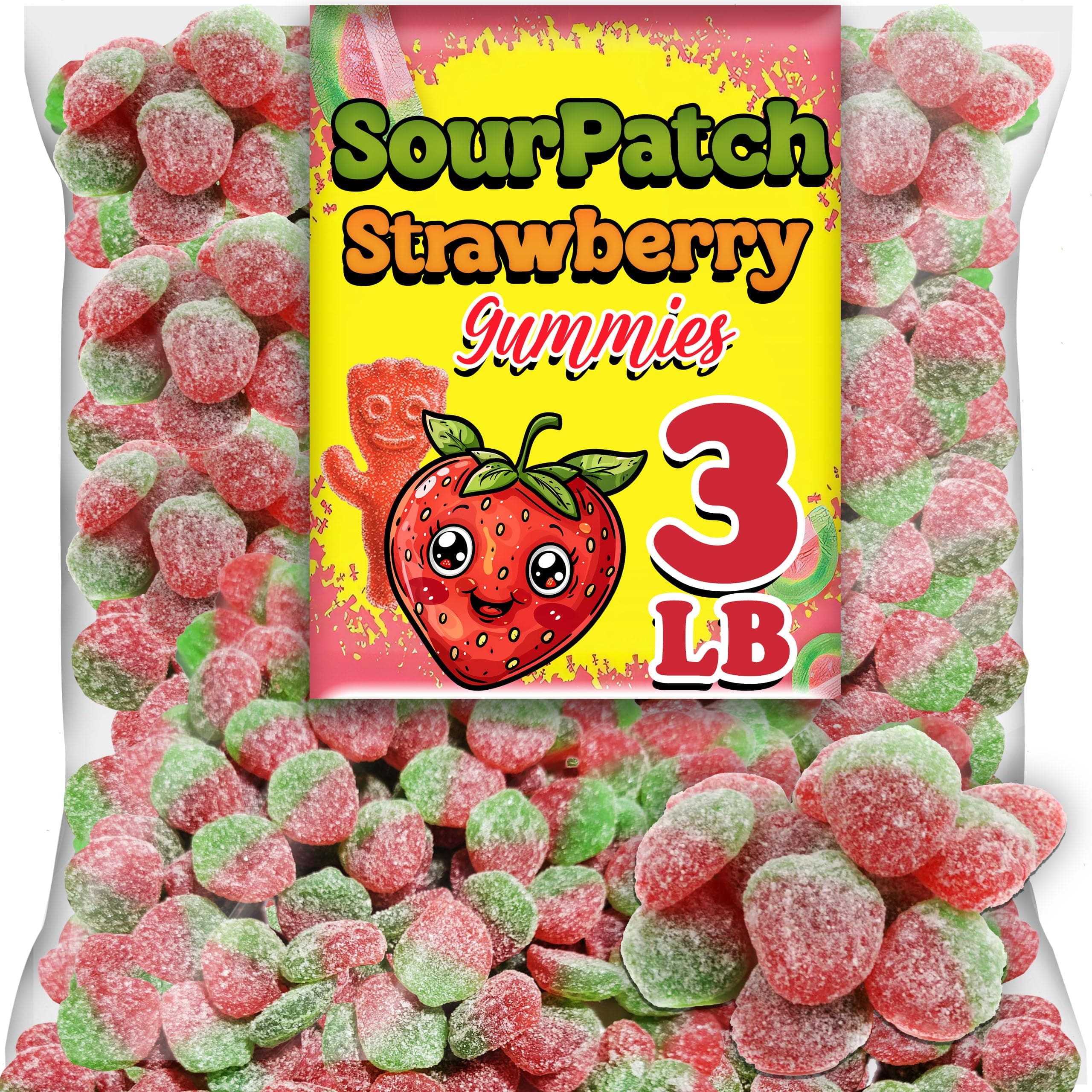 Strawberry Soft & Chewy Candy, 3 Lbs Bulk Candy, Red and Green Strawberry Flavored Sour Gummy Candy for Kids, Snacking and Movie Nights