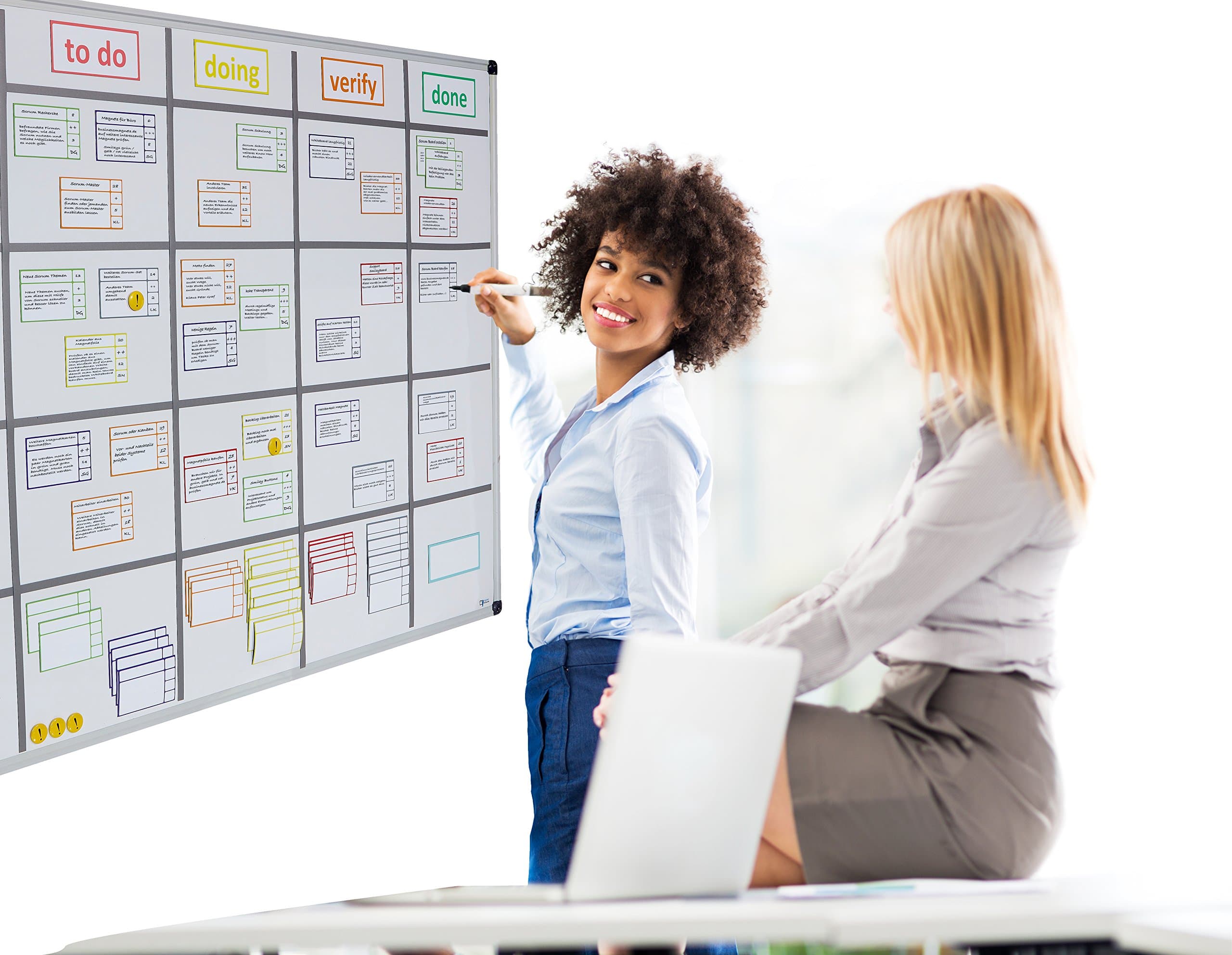 Scrum-board, complete set, 90 cm x 120 cm whiteboard, 5+1 headings: backlog, to do, doing, verify, done + blank, 60 magnetic cards in 6 colours, 8 magnetic lines, 1 pen, 5 exclamation mark magnets