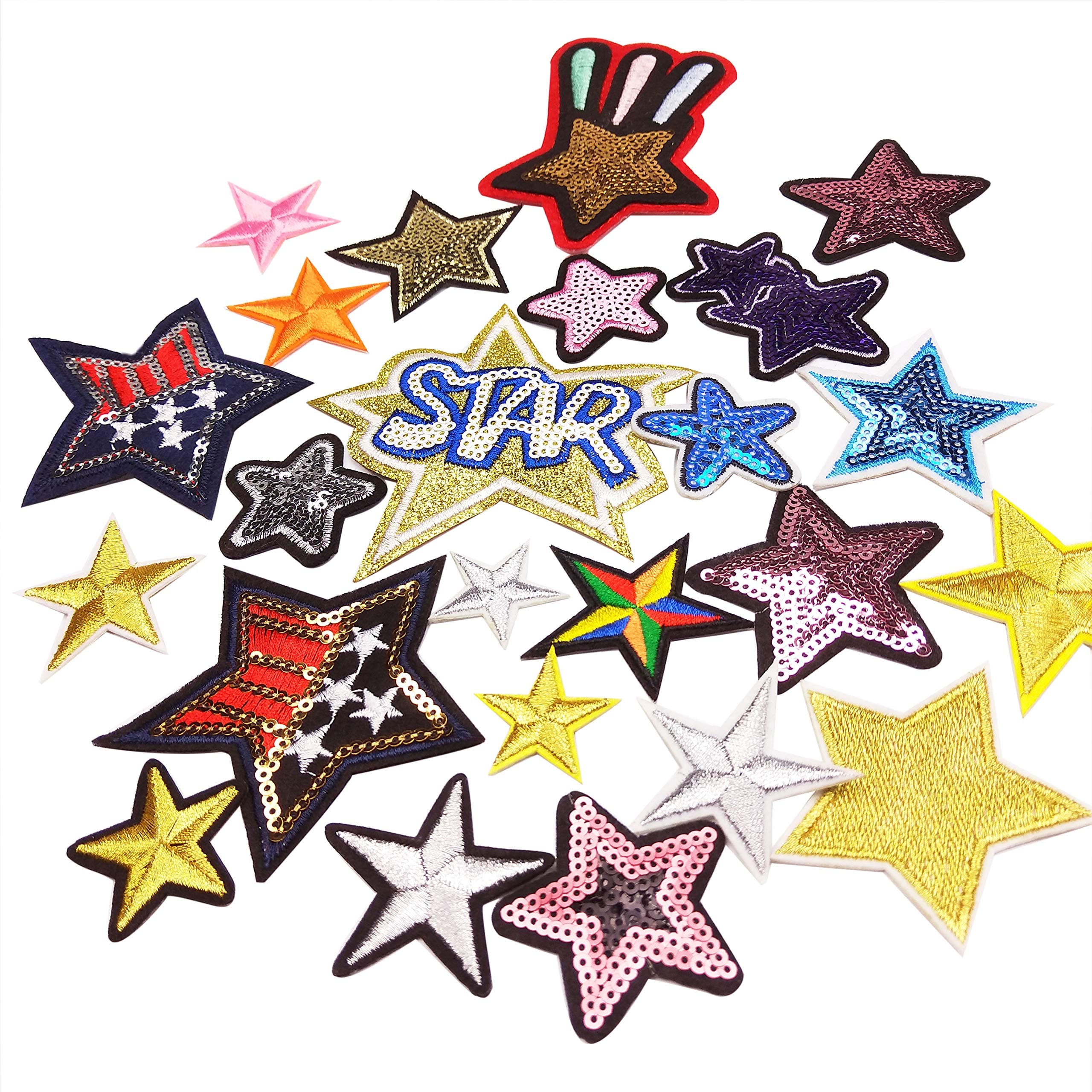 24 PCS Star Patch Embroidered Iron On Badges Patches Sequin Star Patches for Jeans Jackets Clothing Stitching DIY Artcrafts