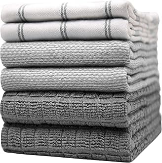 Premium Kitchen Towels (20”x 28”, 6 Pack) | Large Cotton Dish Towels | Flat & Terry Highly Absorbent Kitchen Linen Set with Hanging Loop | Grey Check