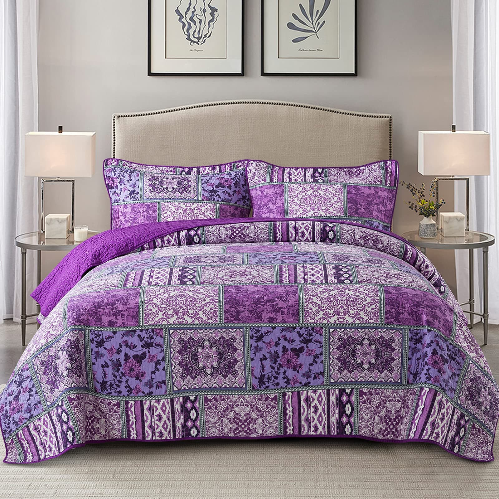 Cotton Bedspread Quilt Sets-Reversible Patchwork Coverlet Set, Purple Classic Bohemian Pattern,Queen Size