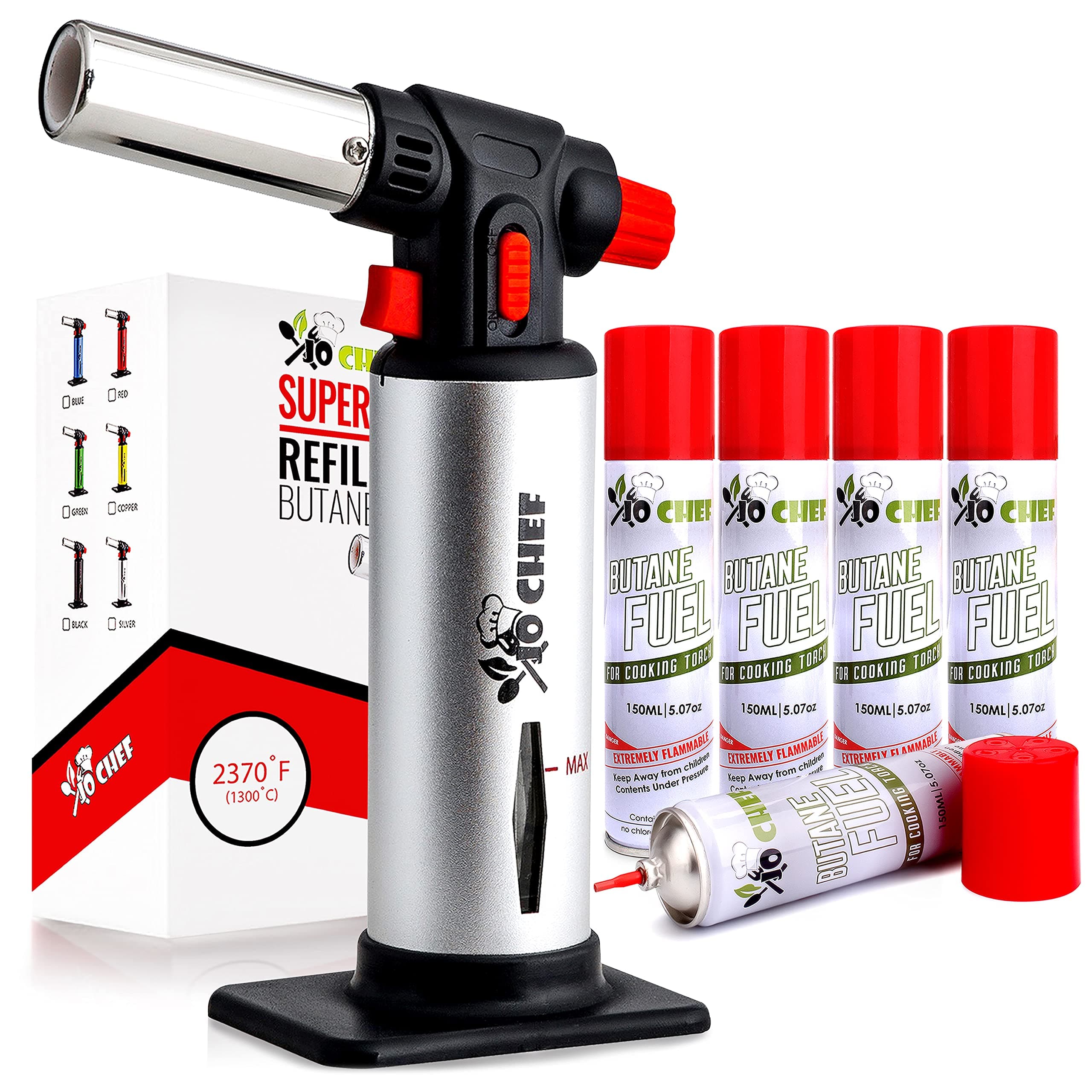 Jo ChefKitchen Torch With Butane included, Refillable Butane Torch, Creme Brulee Torch, Blow Torch Lighter gun With Safety Lock & Adjustable Flame, Culinary Cooking Torch for Food, 5 Cans Included