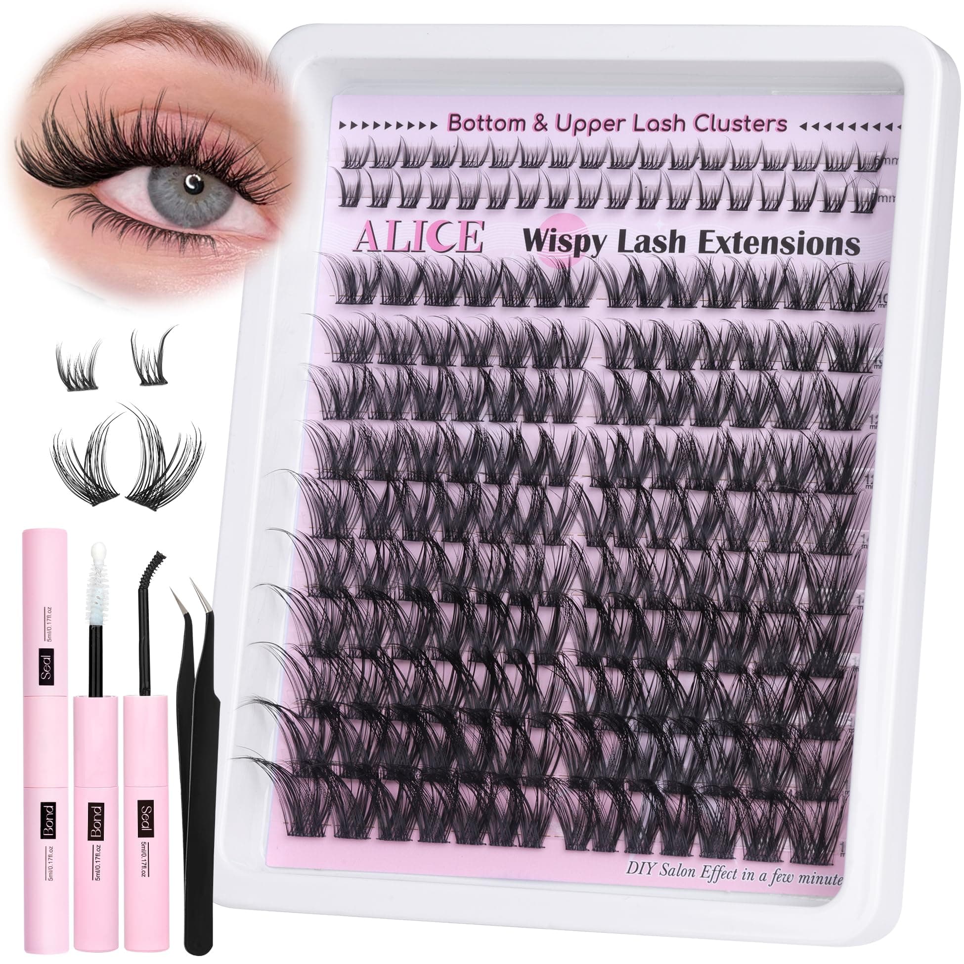 ALICE Lash Clusters Kit Wispy Lash Extensions Kit 6-18mm Volume Cluster Eyelash Extension Kit CD Curl Individual Lashes Kit with Bottom Lashes Bond and Seal Waterproof