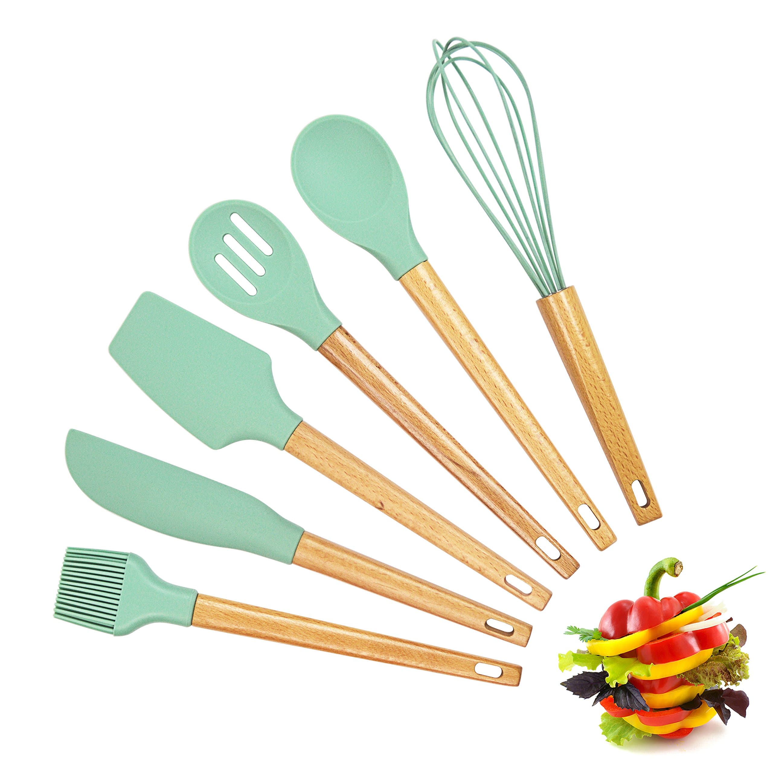 Premium Baking Utensils Cooking Tools and Baking Accessories Silicone Spatula Set with Wood Handle Hygienic Quality Spatula Set of 6 Pieces Including Egg Whisk and Basting Brush (Mint)