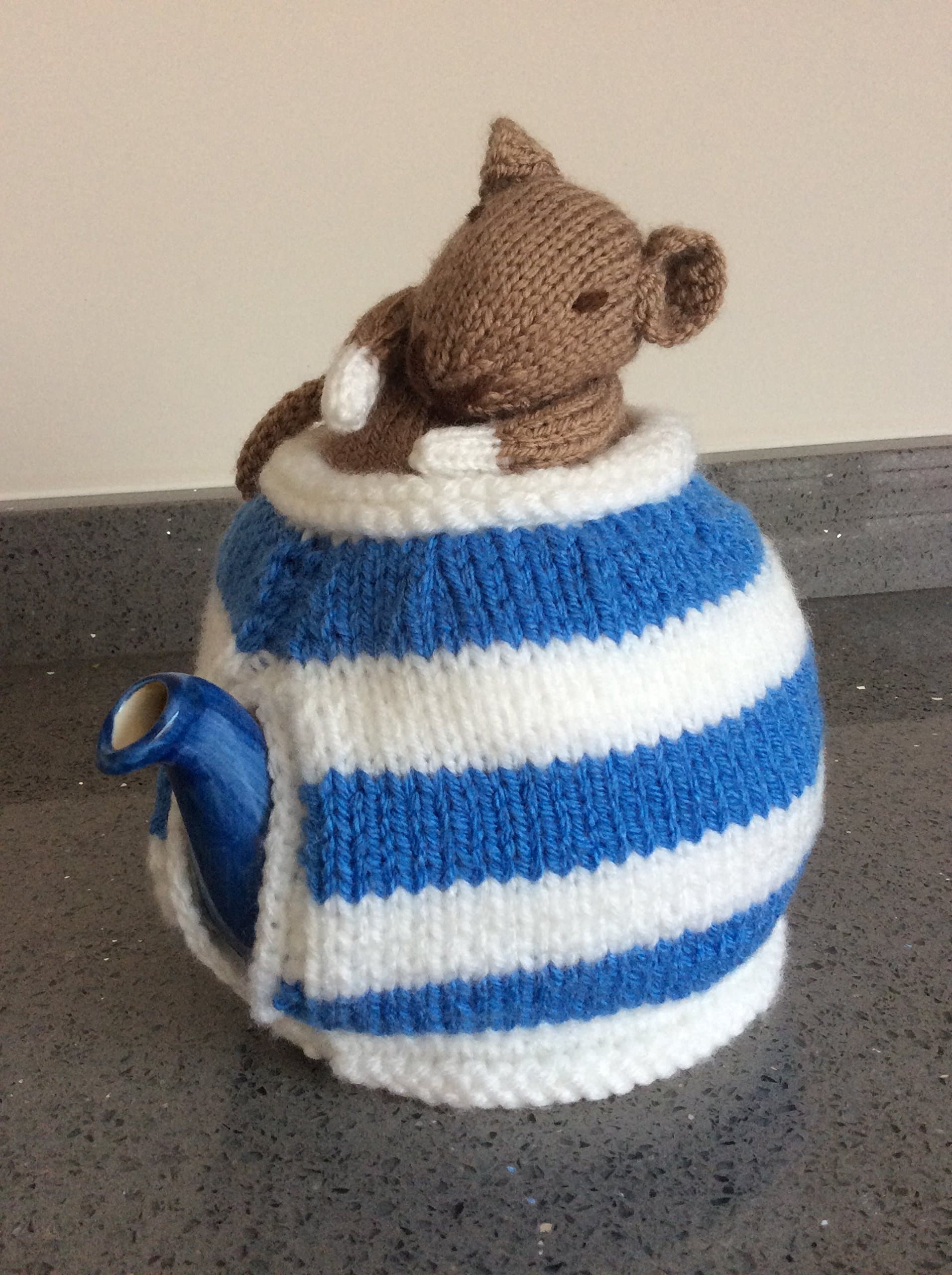 This Little Dormouse Is Just Waking Up For Spring, Tea Cozy, Cosy with Blue and White Stripes.